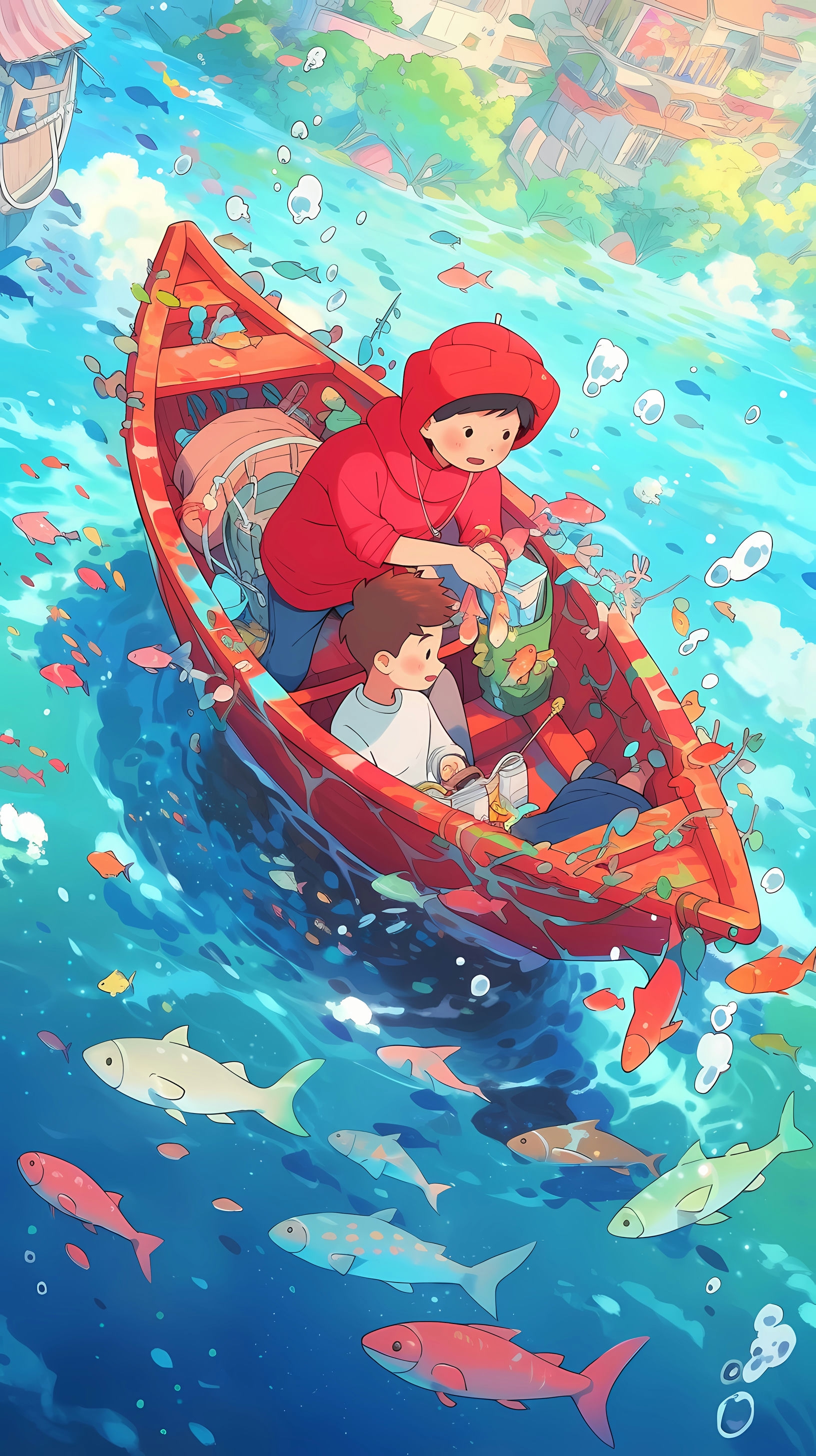Ponyo and Sosuke on the Ocean - Studio Ghibli Whimsical