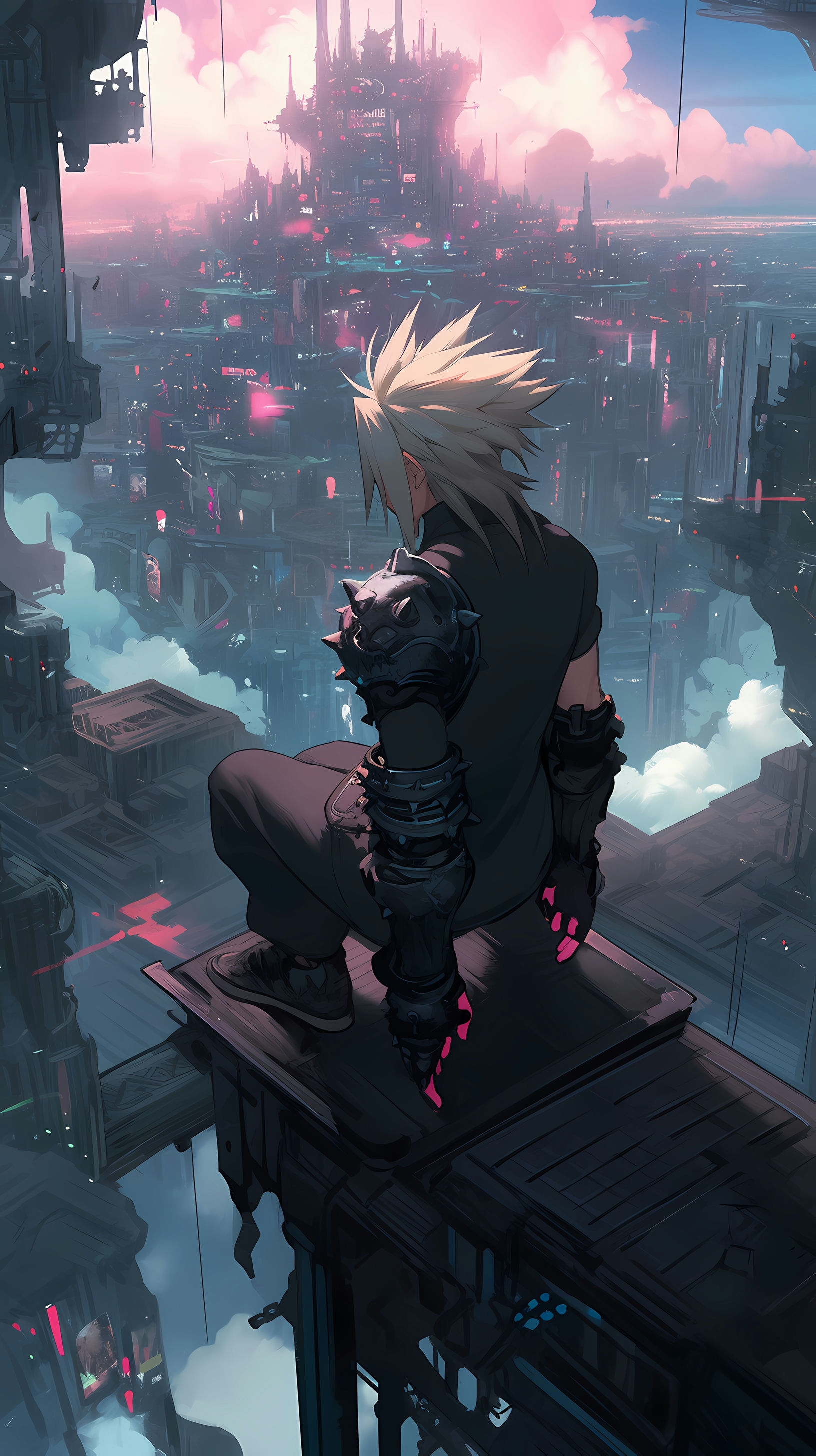 Final Fantasy VII: Cloud Strife Overlooking a Futuristic Cityscape