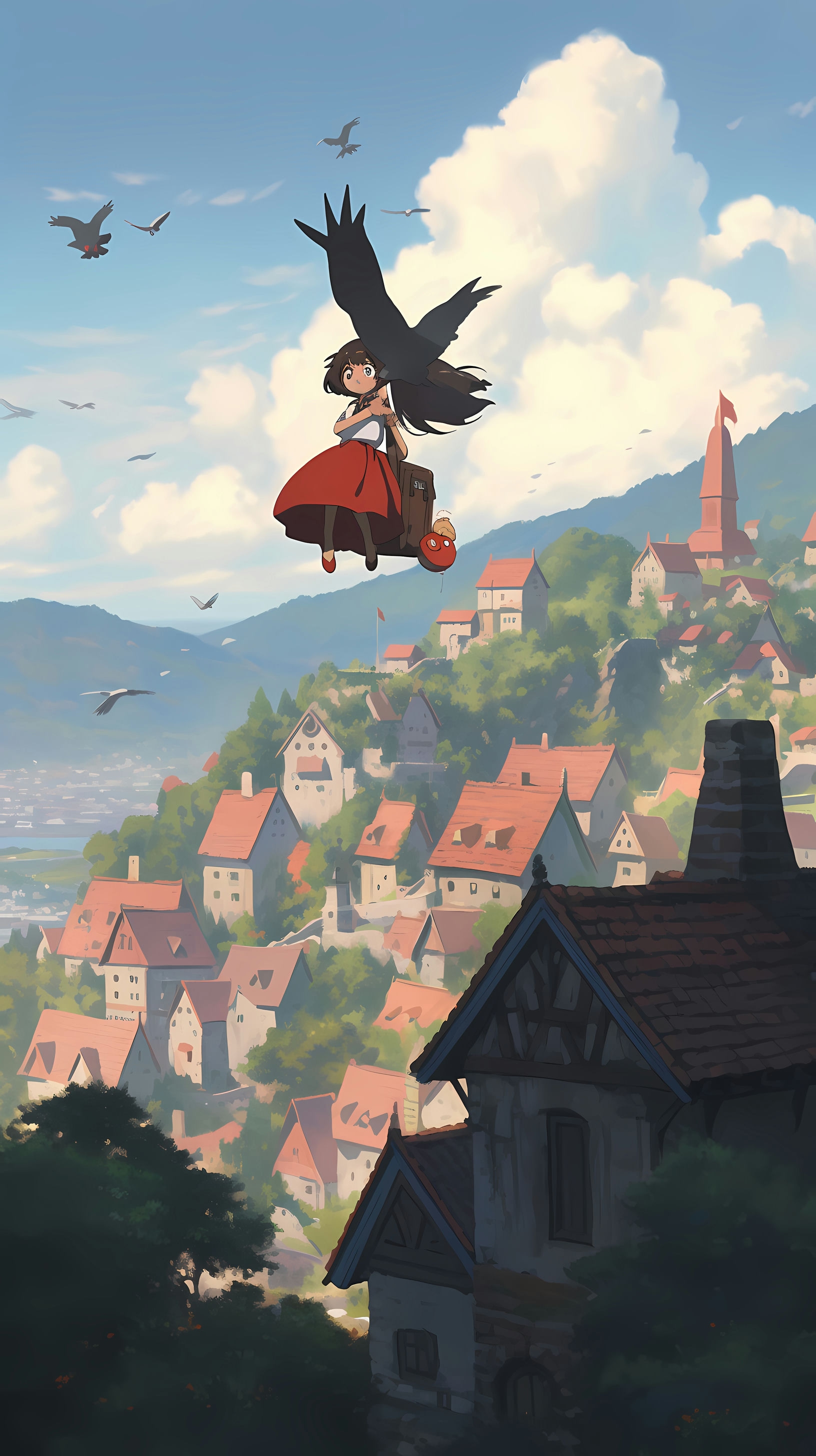 Kiki Flying Over a Quaint Town - Studio Ghibli