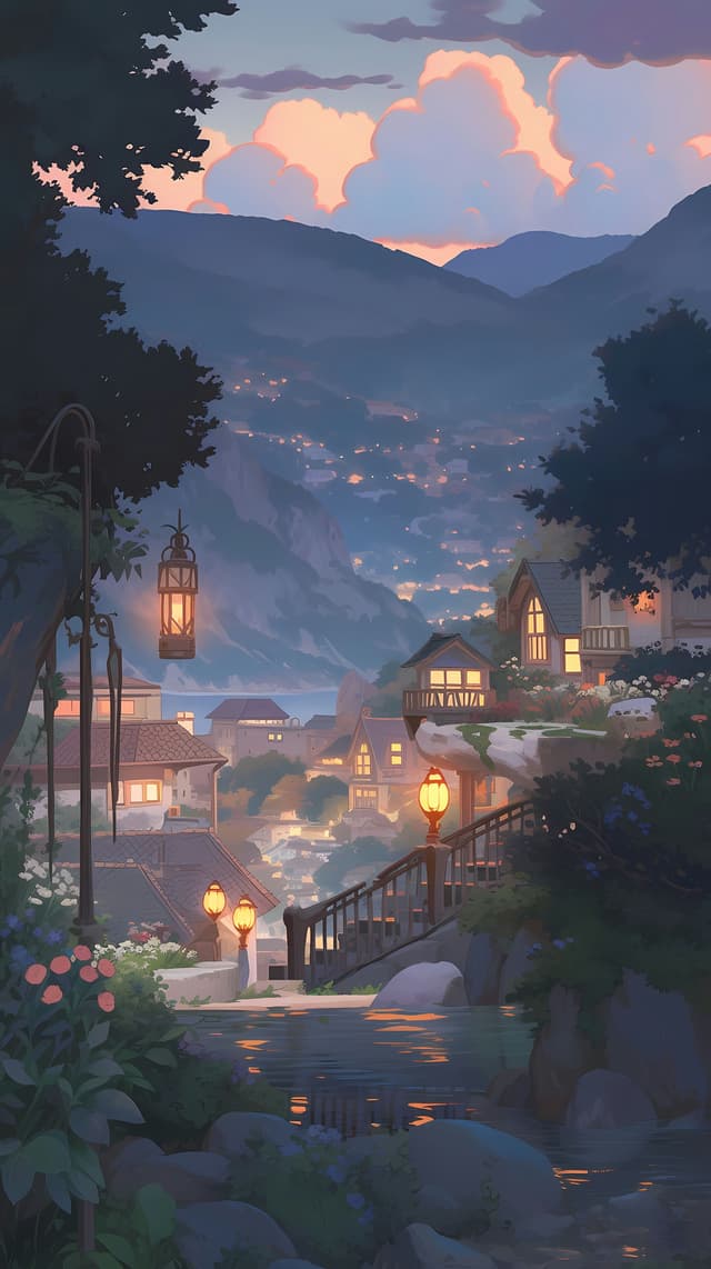 Scenic Evening View of a Studio Ghibli Landscape wallpaper