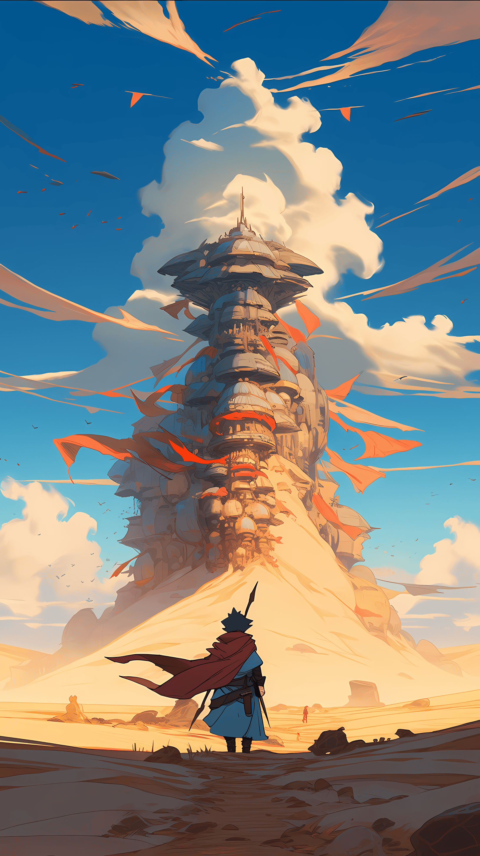 This captivating anime wallpaper depicts a lone traveler standing in a vast, arid desert under a dramatic sky