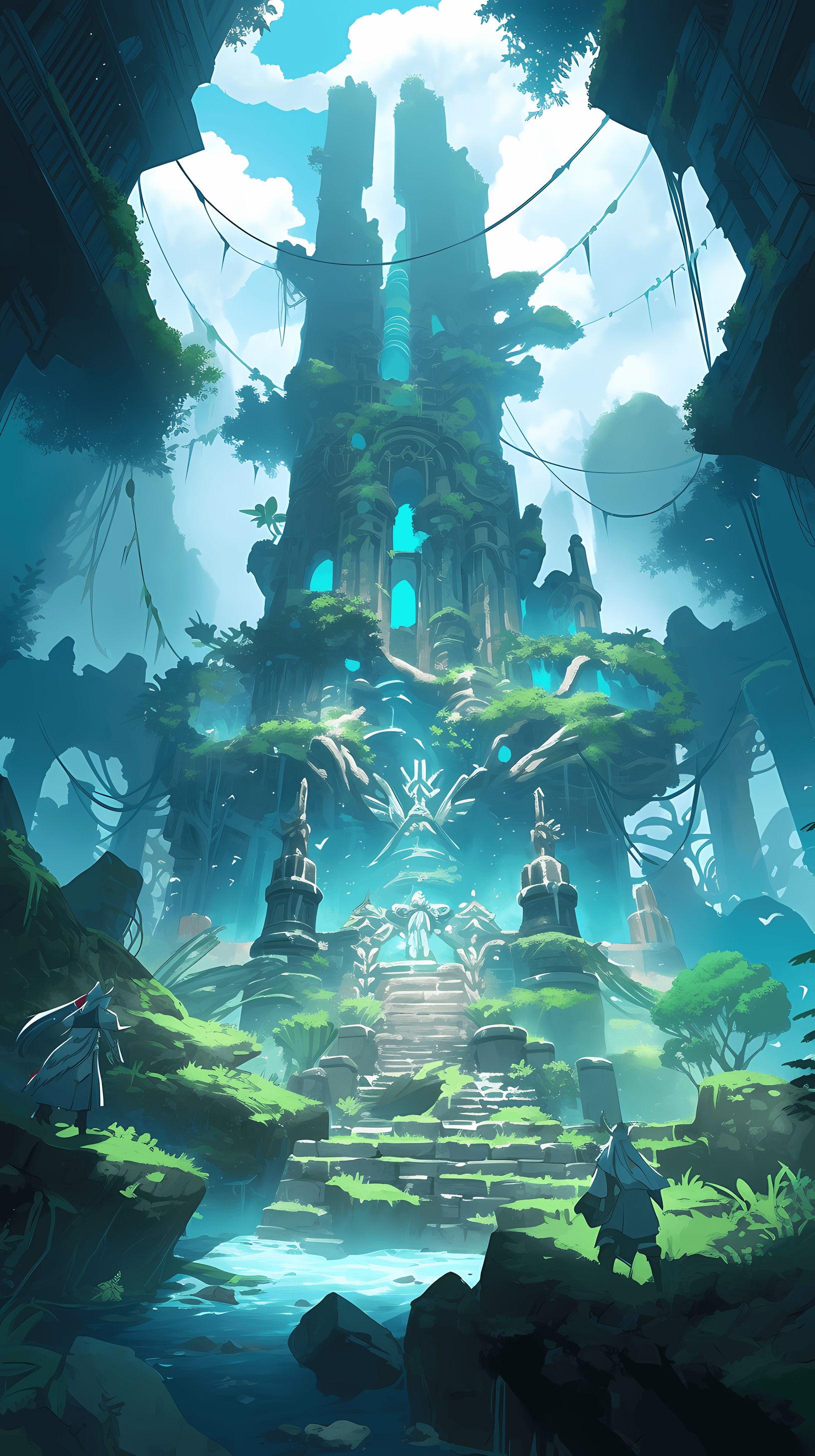 This anime wallpaper depicts a mesmerizing underwater world reminiscent of the legendary city of Atlantis