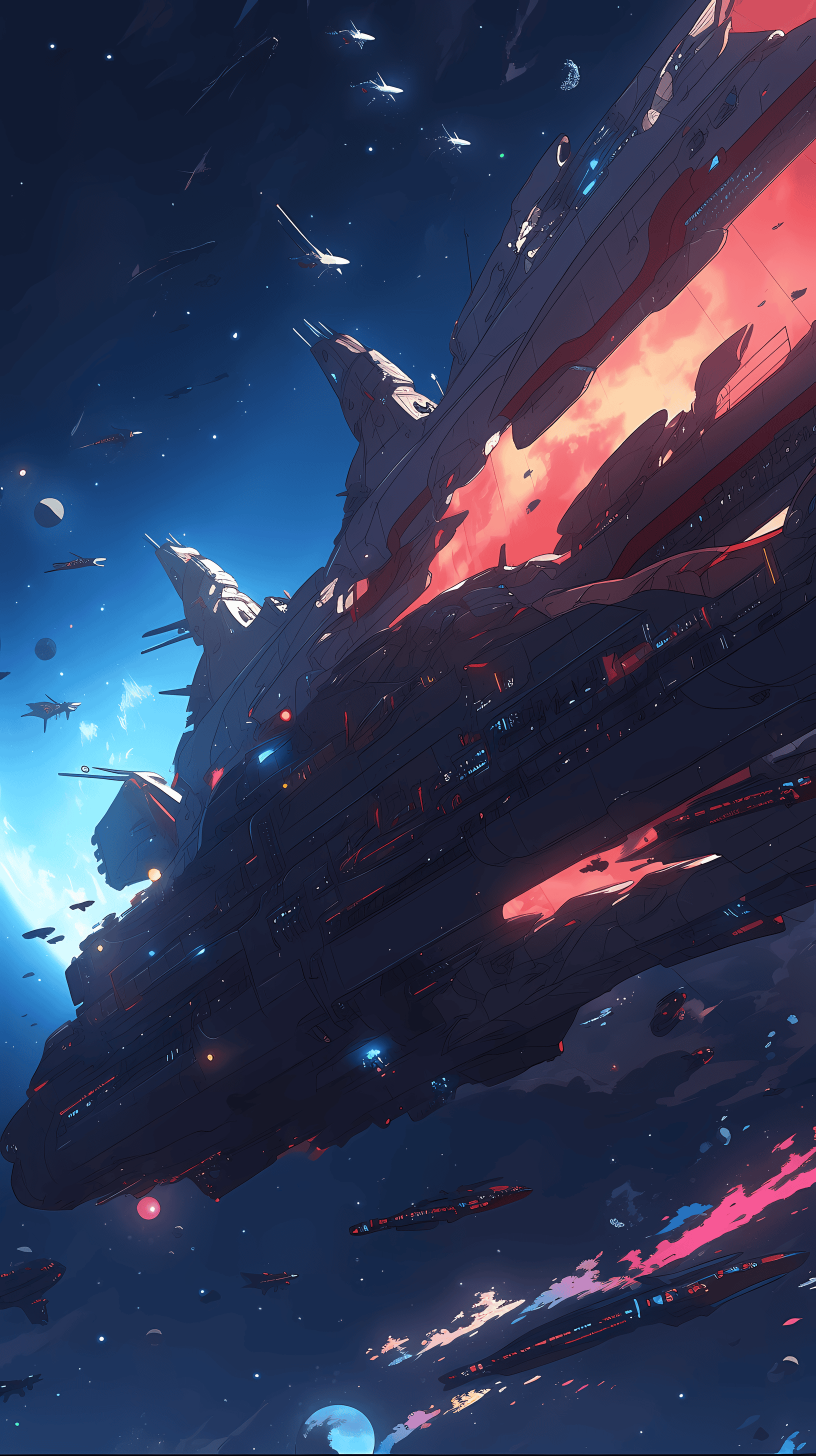 This anime wallpaper captures a breathtaking scene of a futuristic spaceship navigating through a cosmic ocean