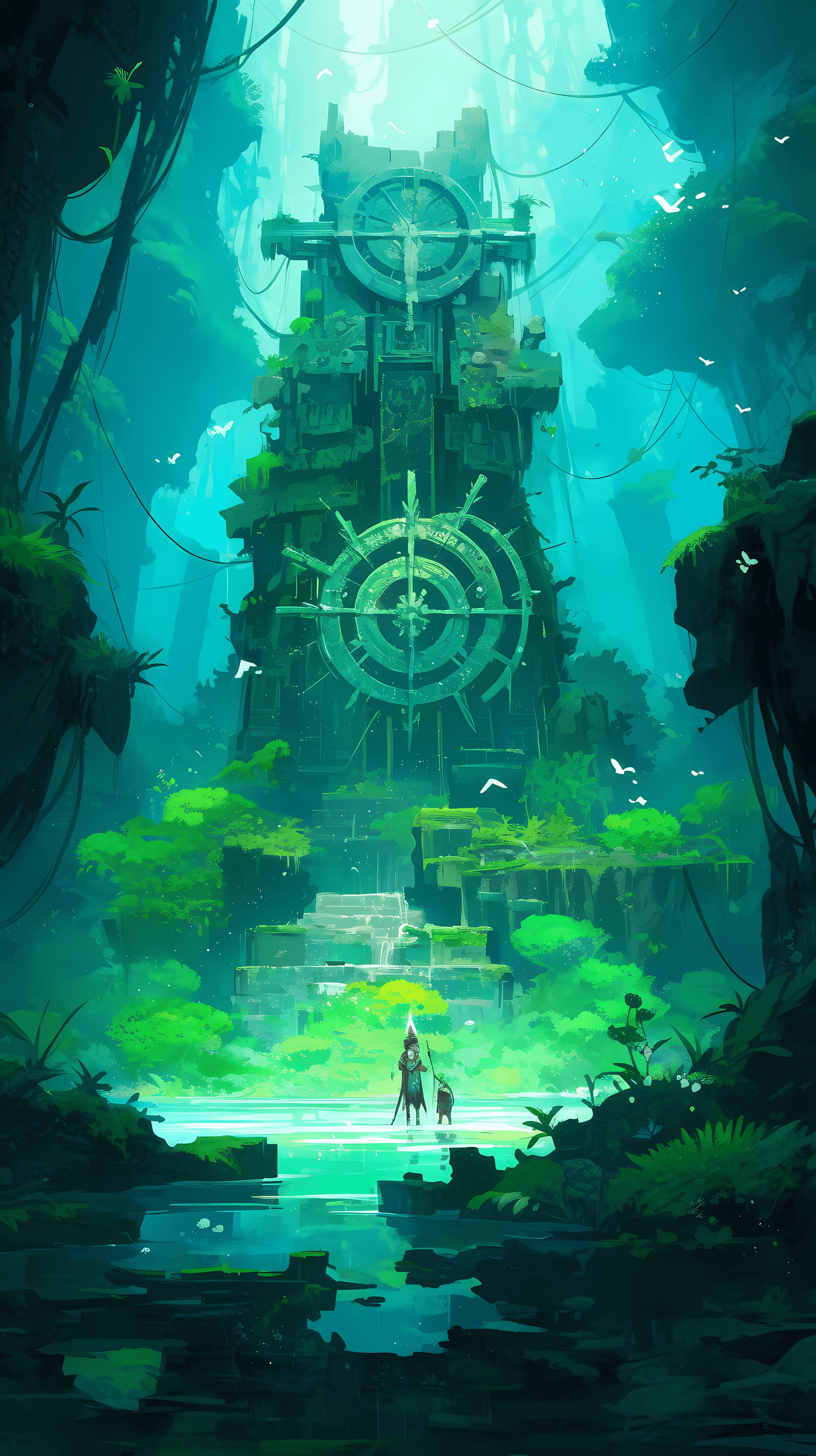 This captivating anime wallpaper depicts a mysterious and ancient city enveloped in a lush, verdant forest
