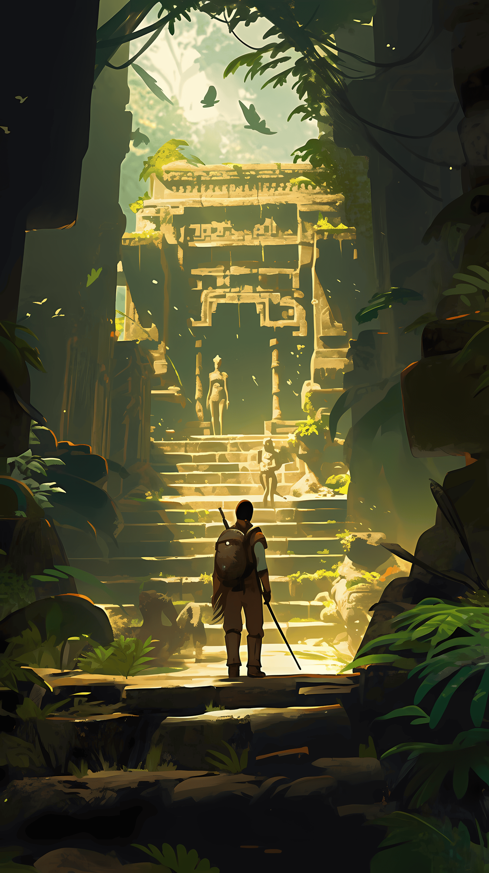 This anime wallpaper captures a mysterious and adventurous scene featuring a lone explorer standing at the entrance of ancient ruins