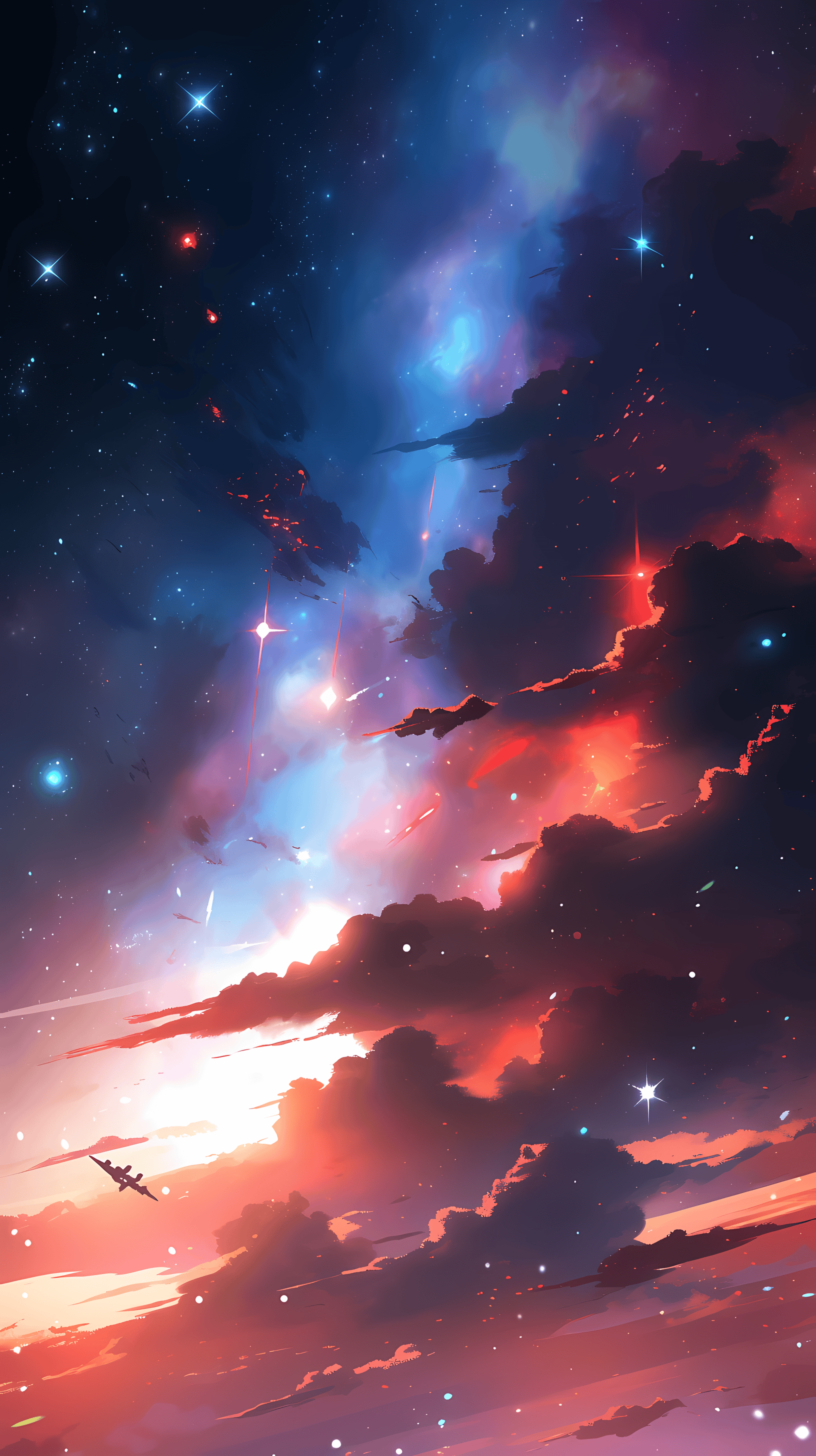 This anime wallpaper captures a breathtaking scene of a celestial ocean, where the sky is painted with vibrant hues of blue and red