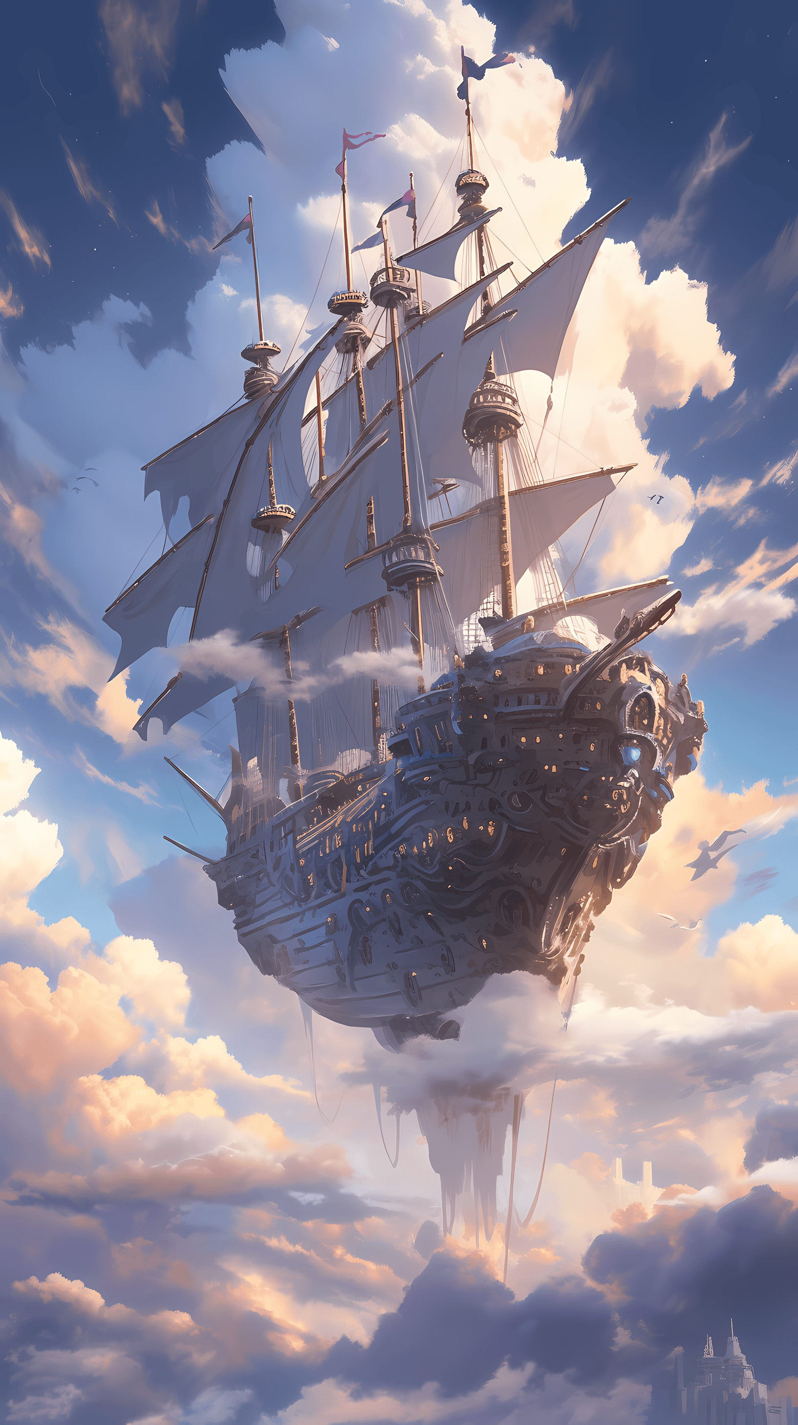 This anime wallpaper captures a dramatic sky pirate battle scene