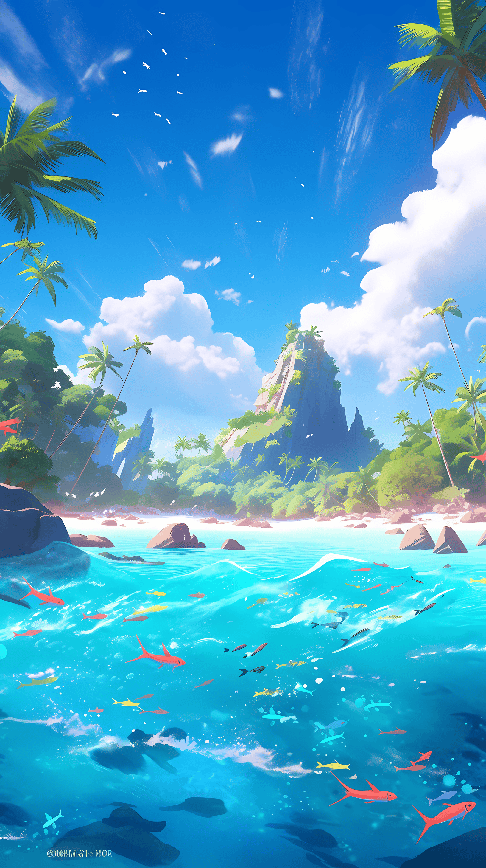 This anime wallpaper captures a breathtaking tropical seascape, featuring crystal-clear turquoise waters teeming with vibrant marine life