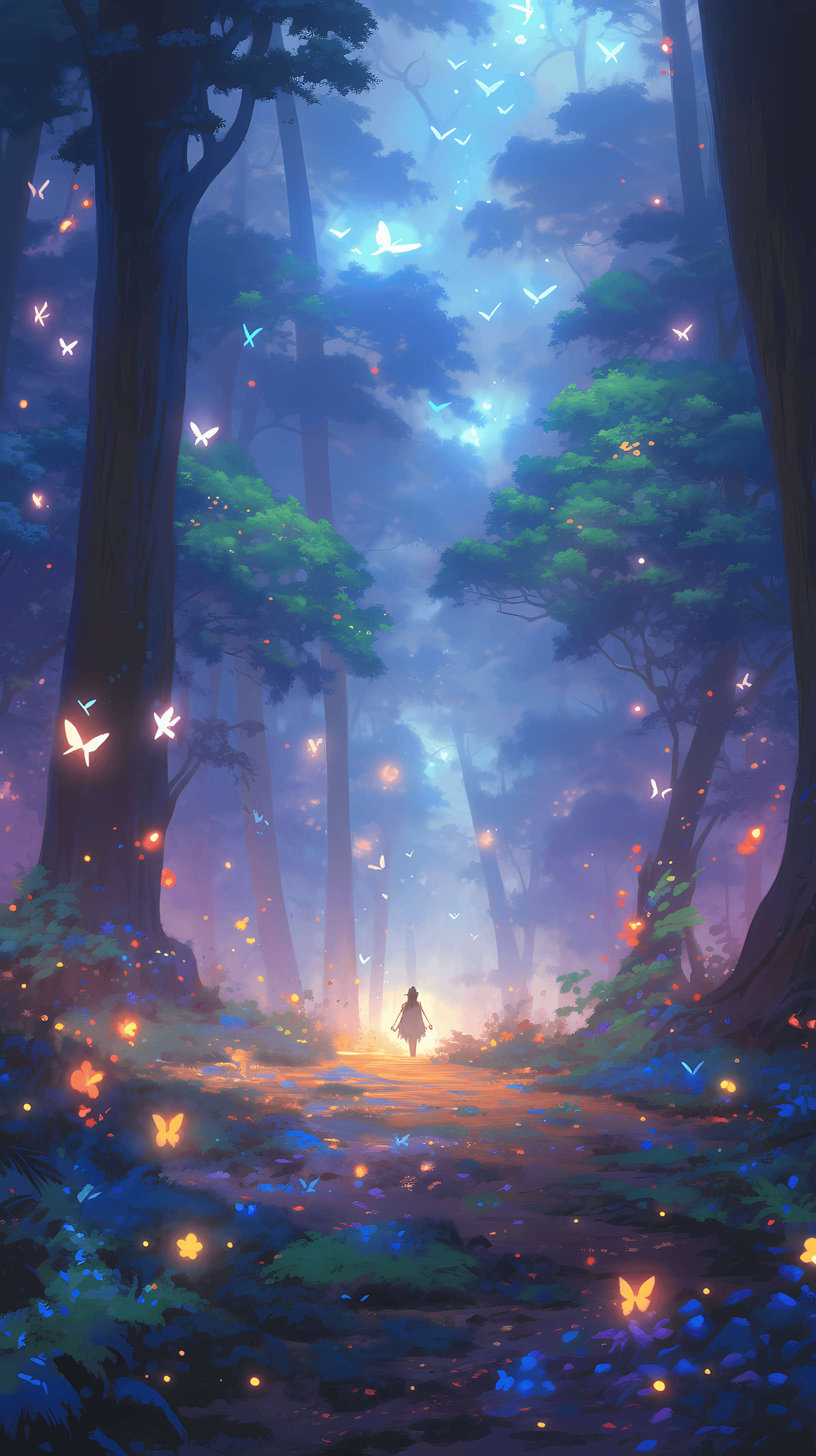 This enchanting anime wallpaper captures the serene beauty of an enchanted forest at twilight