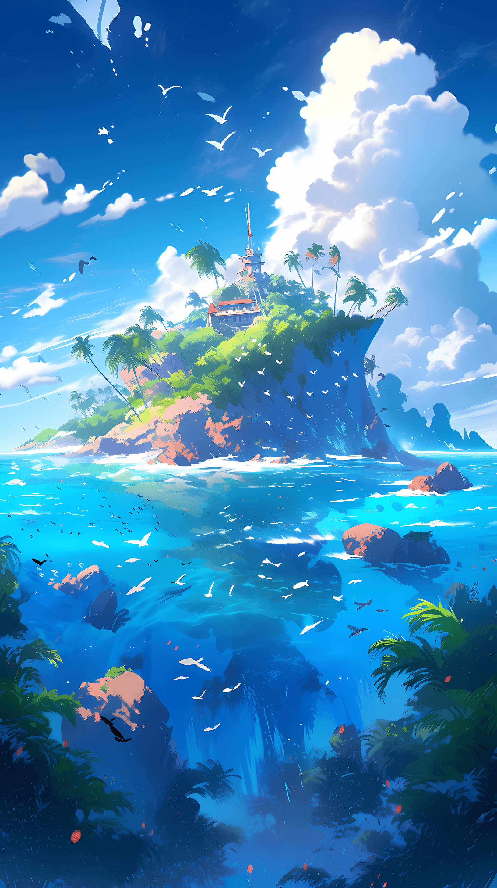 This anime wallpaper captures a breathtaking underwater scene, showcasing a vibrant coral reef teeming with marine life
