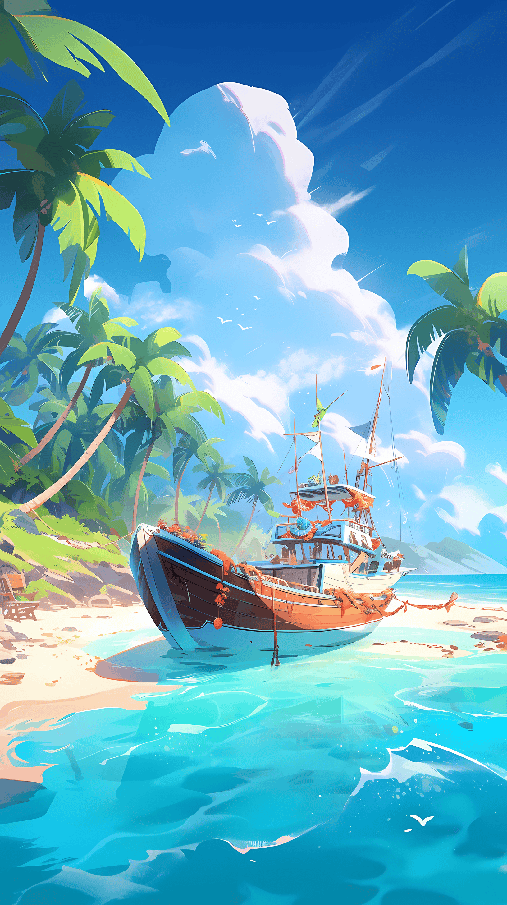 This anime wallpaper captures a serene tropical beach scene under a bright blue sky dotted with fluffy white clouds