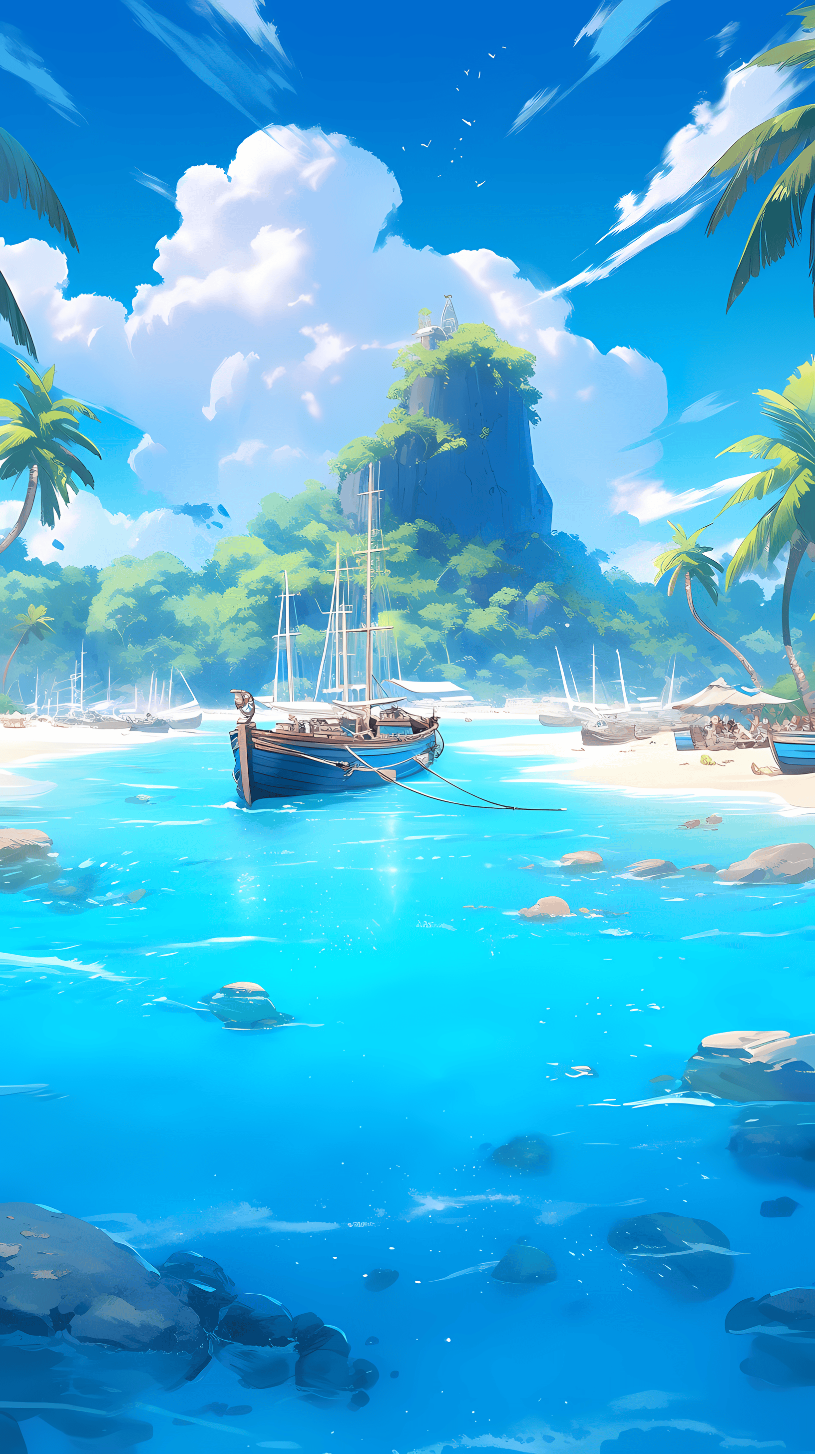 This anime wallpaper captures a serene tropical seascape, featuring a traditional wooden boat gently floating on crystal-clear turquoise waters