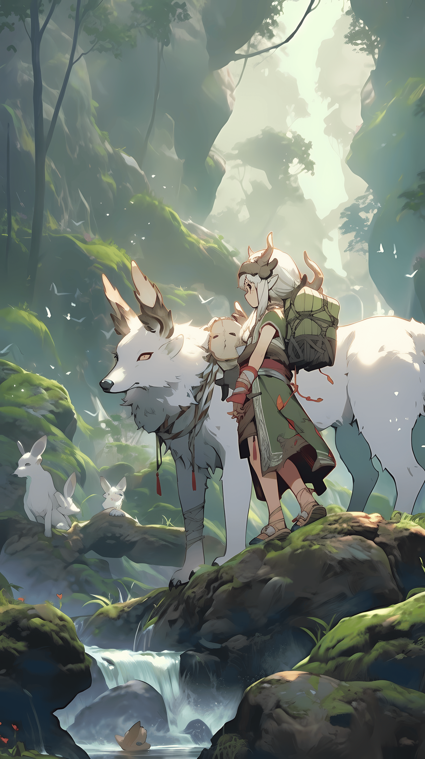 This anime wallpaper captures a breathtaking scene of adventure in a mystical, misty mountain range