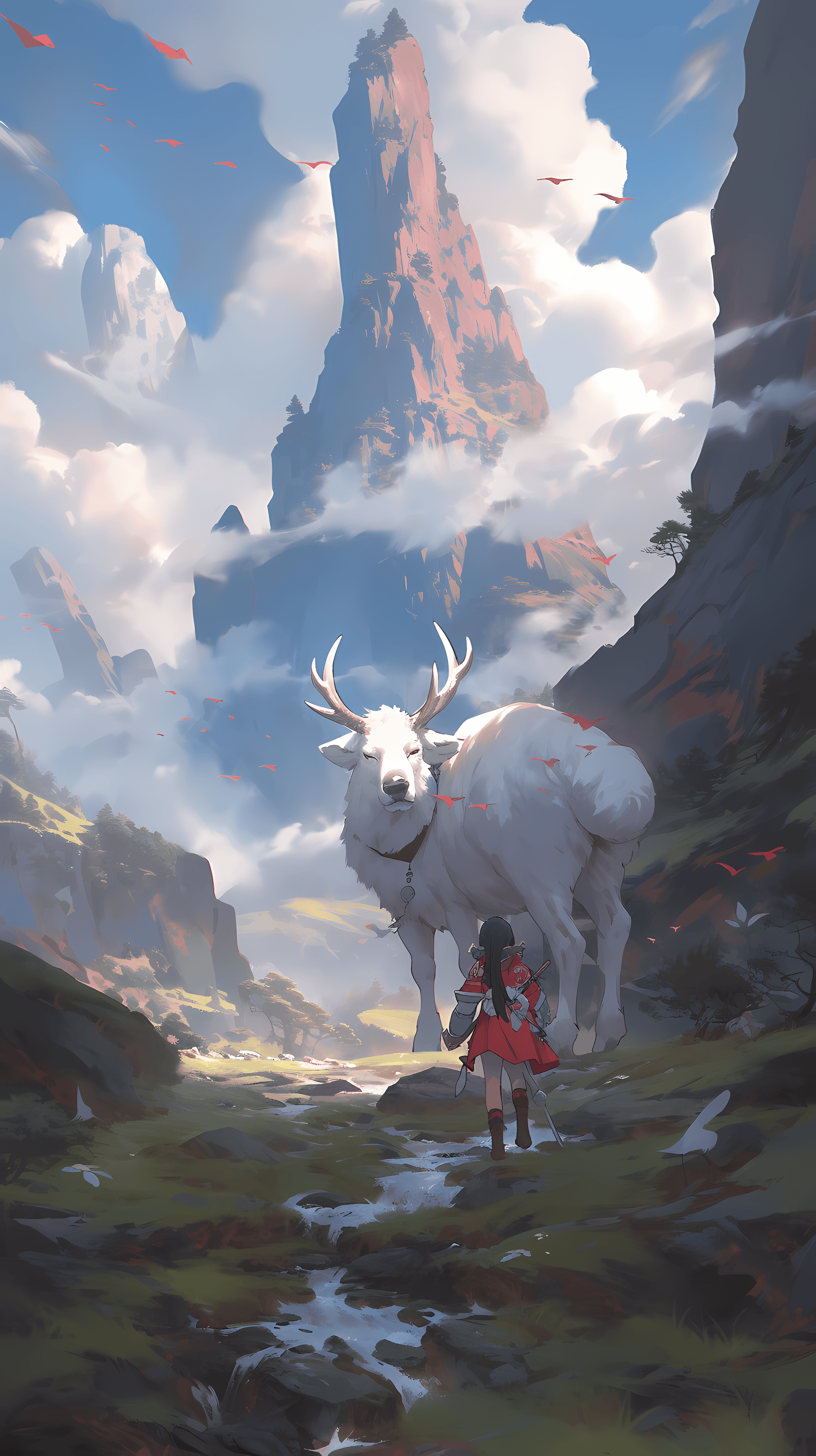 This anime wallpaper captures a serene and mystical scene reminiscent of the iconic film 'Princess Mononoke