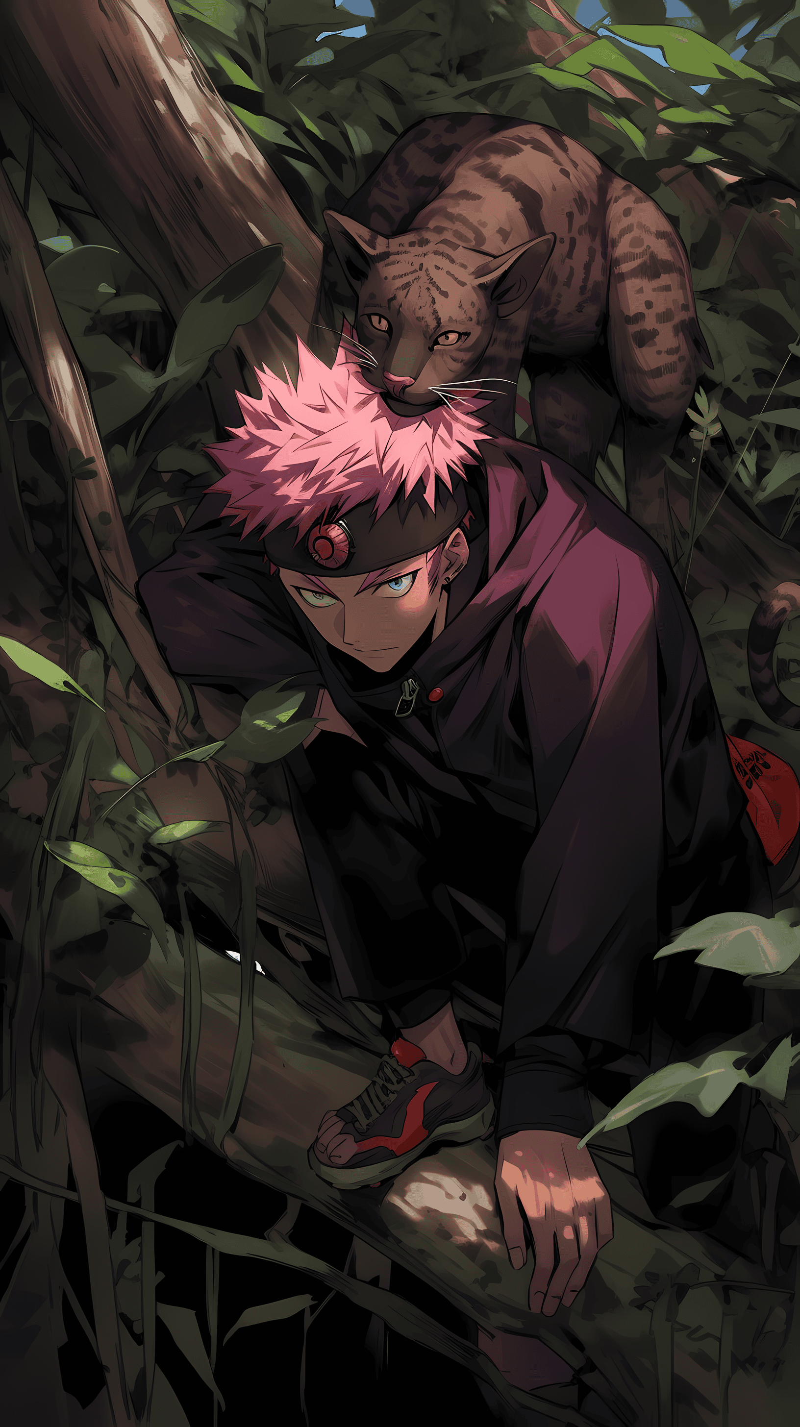 This anime wallpaper captures a tense moment from Jujutsu Kaisen, featuring the character Megumi Fushiguro in a dark, forested setting