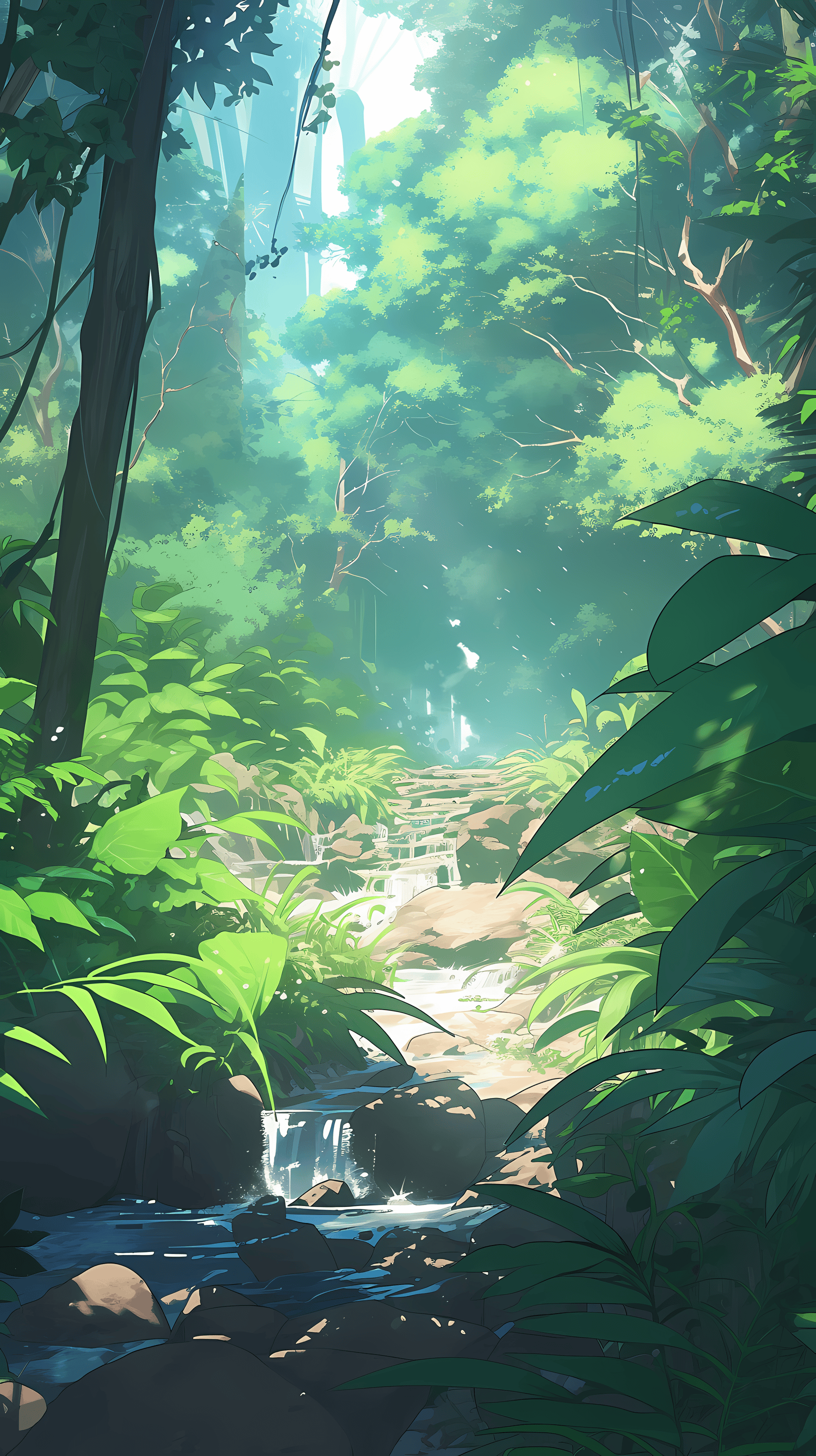 This anime wallpaper captures a serene and mystical forest scene, reminiscent of the enchanting environments found in popular series like Jujutsu Kaisen