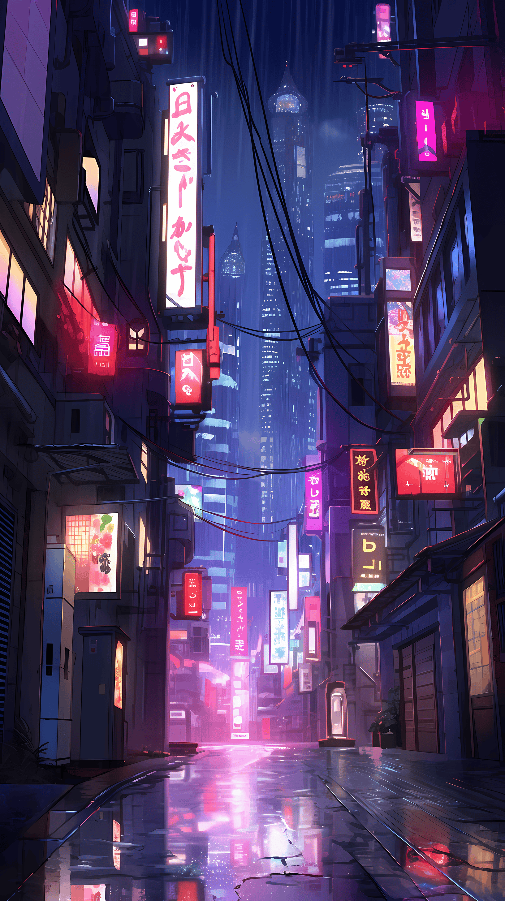 This anime wallpaper captures the essence of a futuristic, neon-lit cityscape at night