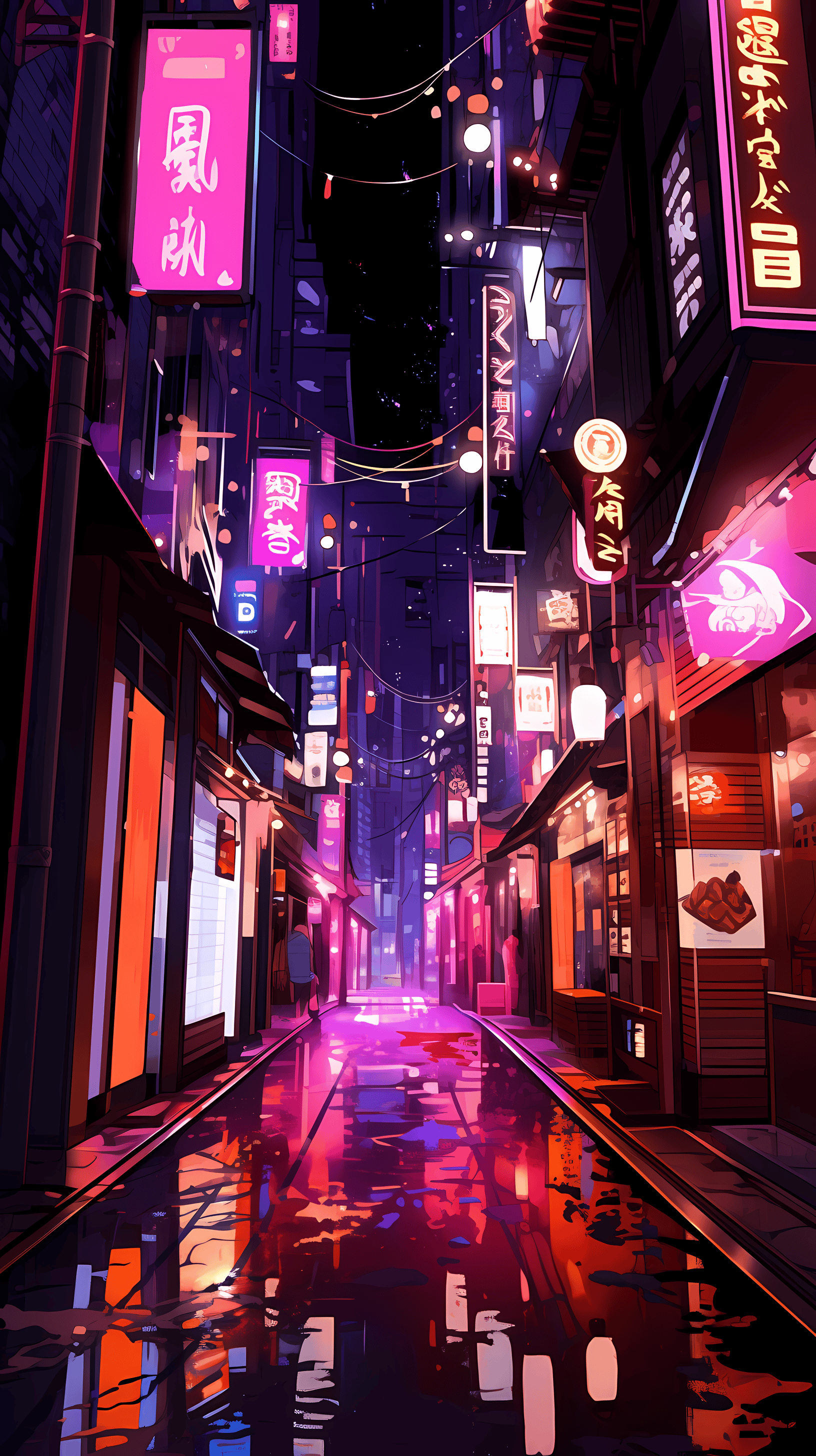This anime wallpaper captures the essence of a mysterious and vibrant city at night
