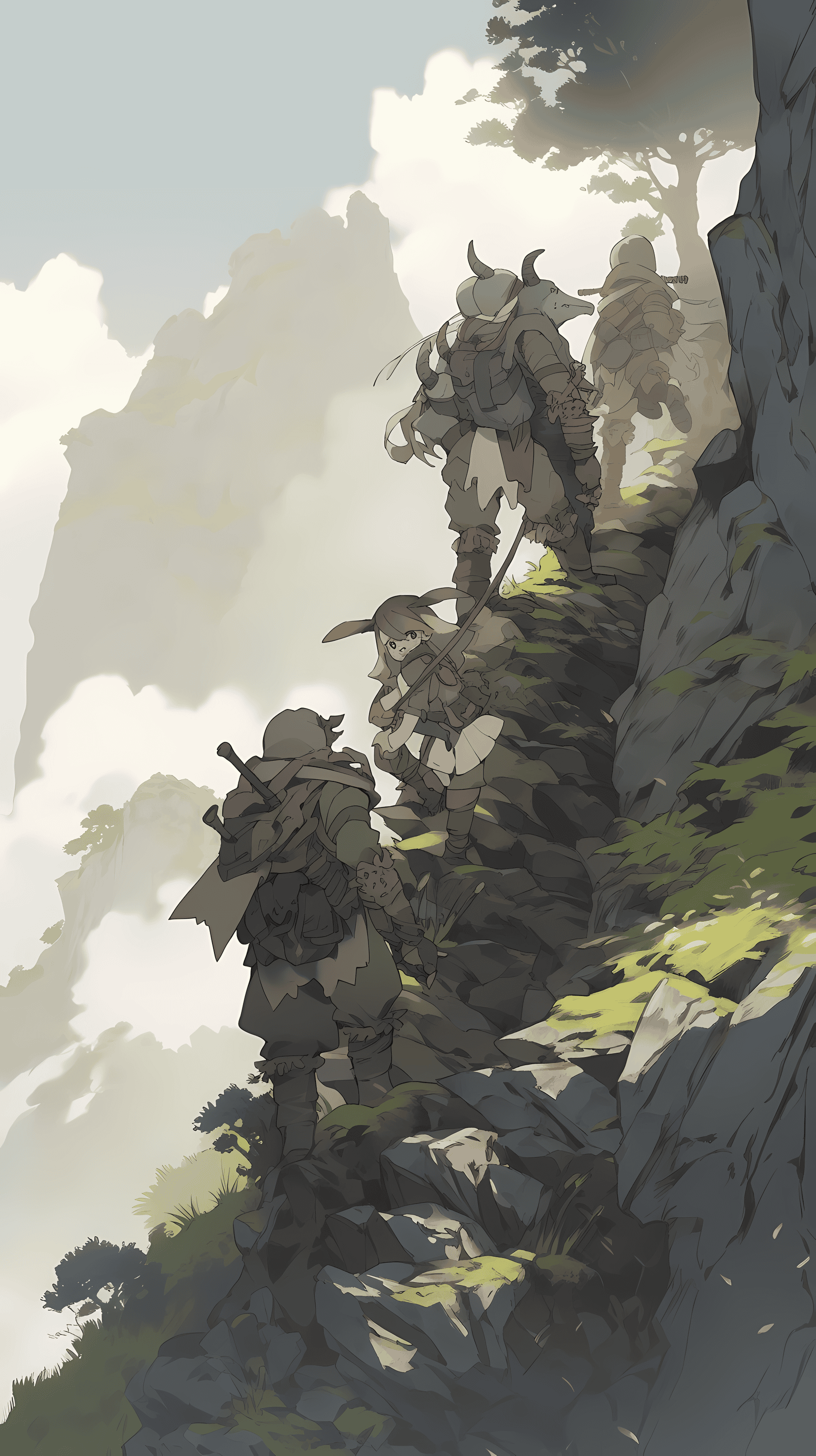 This anime wallpaper captures a dramatic scene of a group of adventurers making their way up a treacherous, rocky mountain path