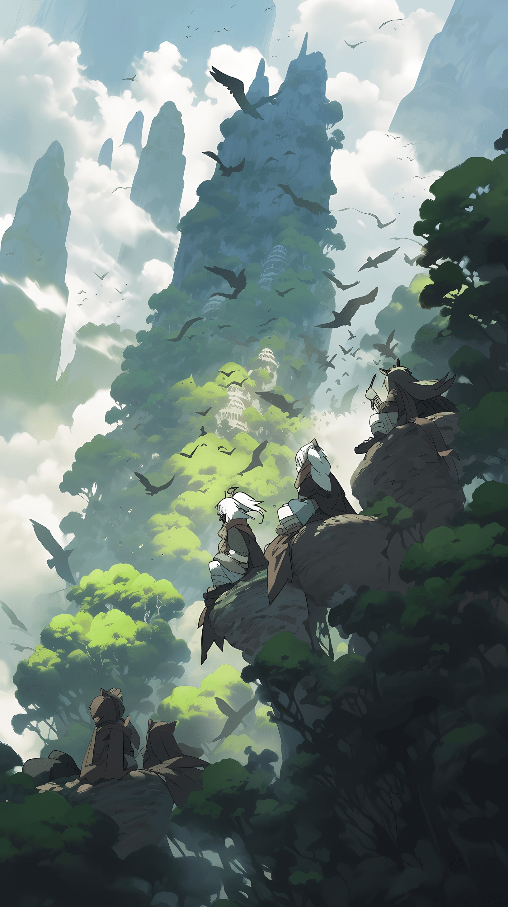 This anime wallpaper captures a breathtaking scene of a mysterious mountain climb
