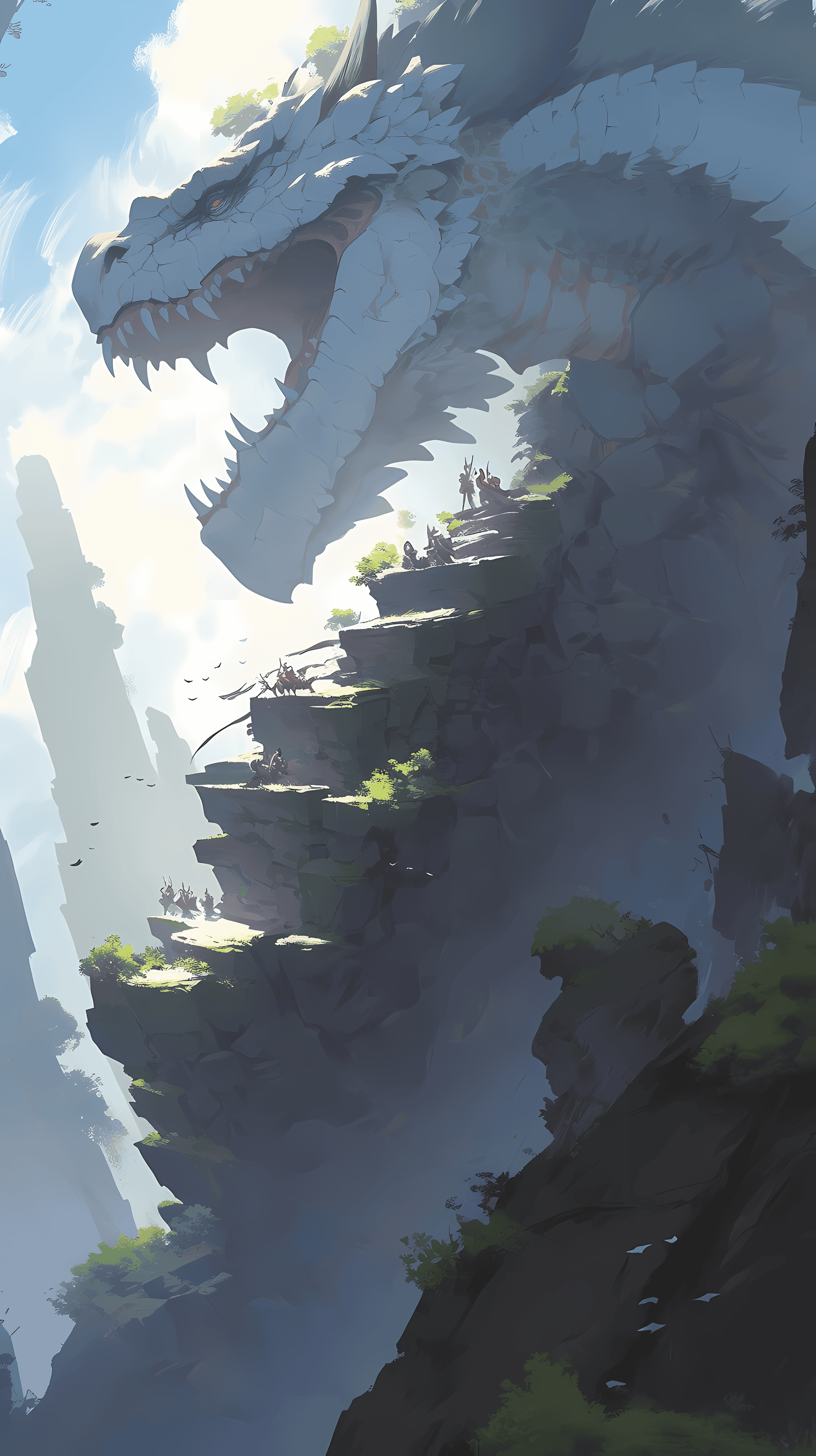 This anime wallpaper captures a breathtaking scene of a mysterious mountain climb