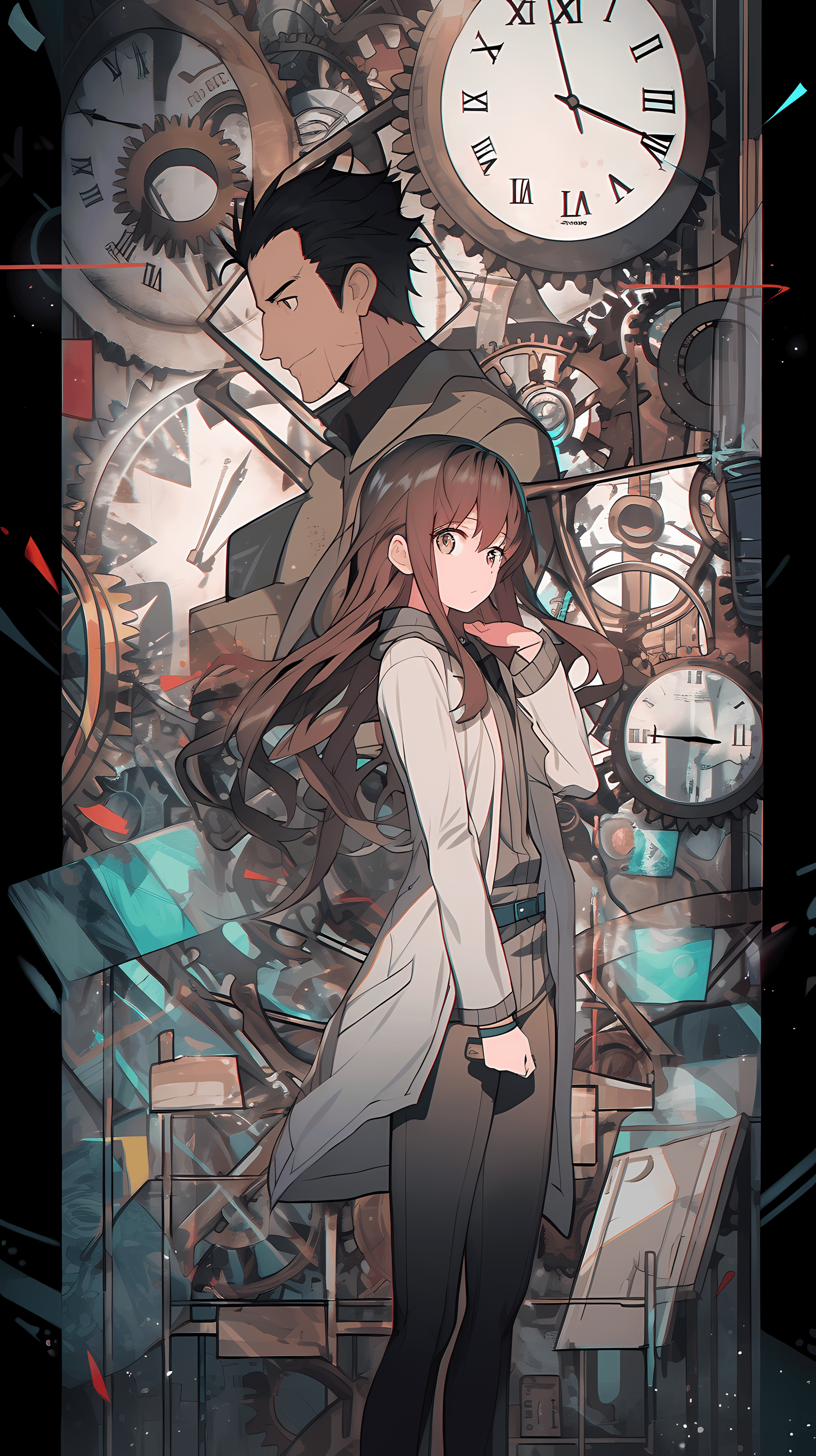 This anime wallpaper captures a thrilling scene of two characters standing amidst a complex backdrop of mechanical gears and clocks
