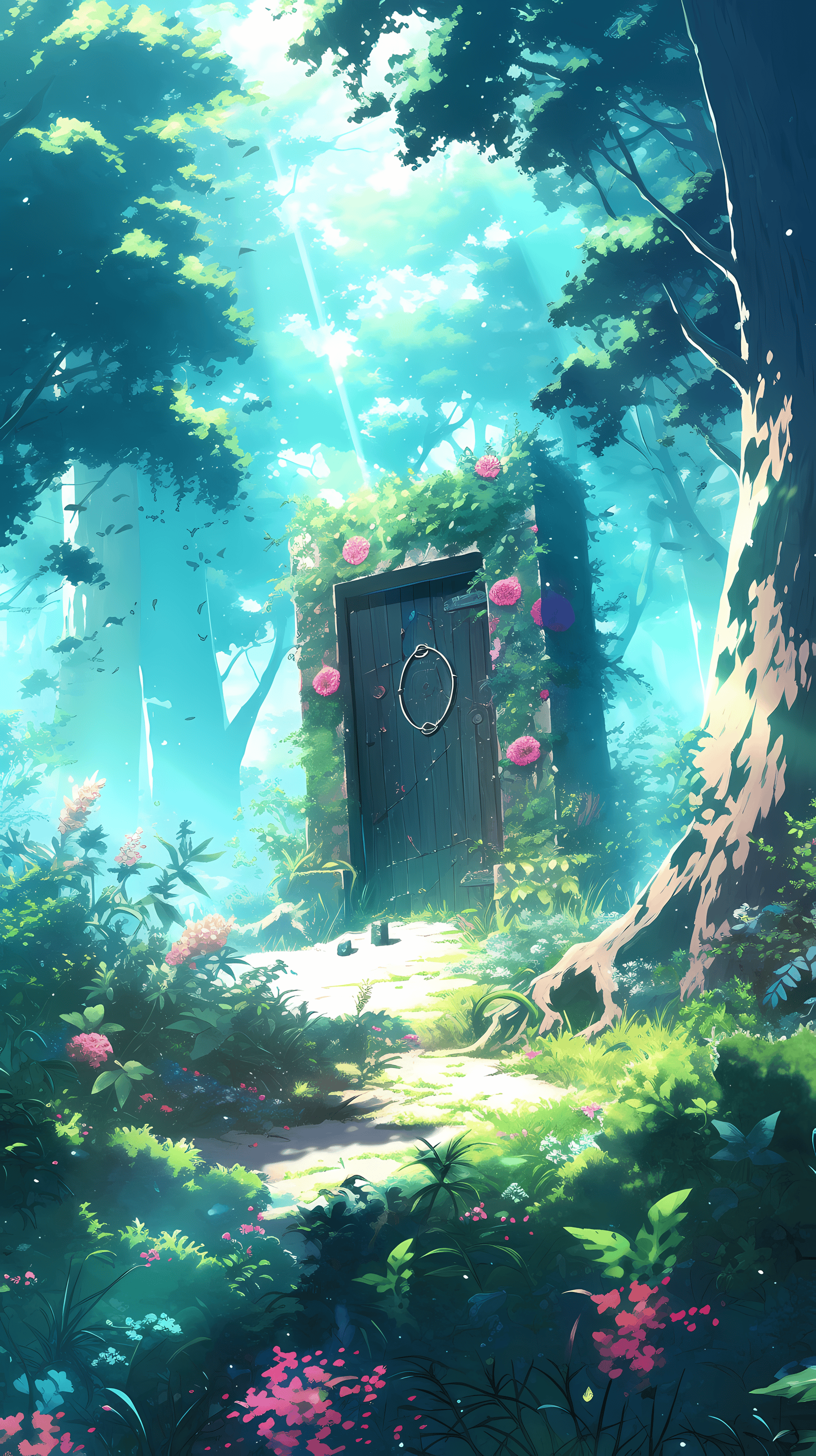 This enchanting anime wallpaper captures a mysterious and serene forest scene