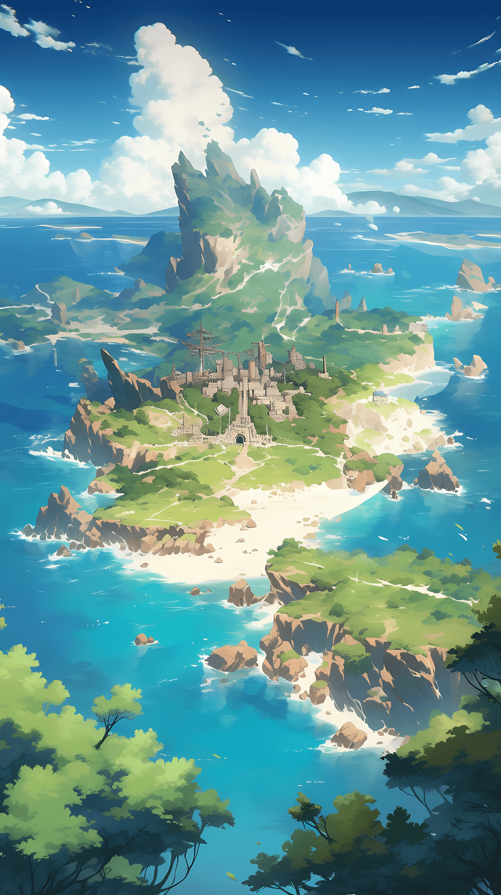 This anime wallpaper features a breathtaking aerial view of a mysterious island surrounded by crystal-clear blue waters