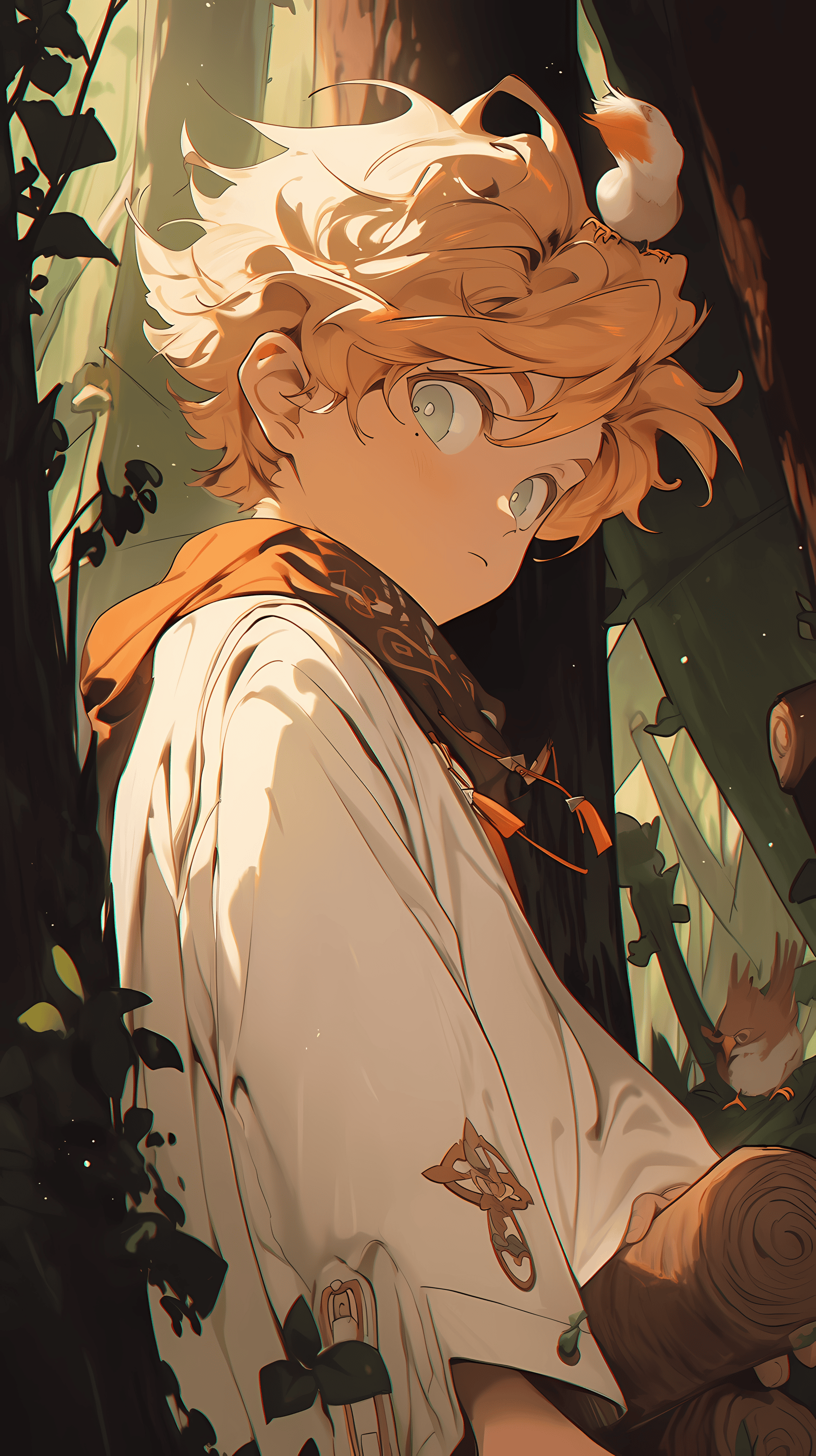 This anime wallpaper captures a mysterious and enchanting scene of a young boy with striking orange hair and glasses, standing amidst a dense, mystical forest