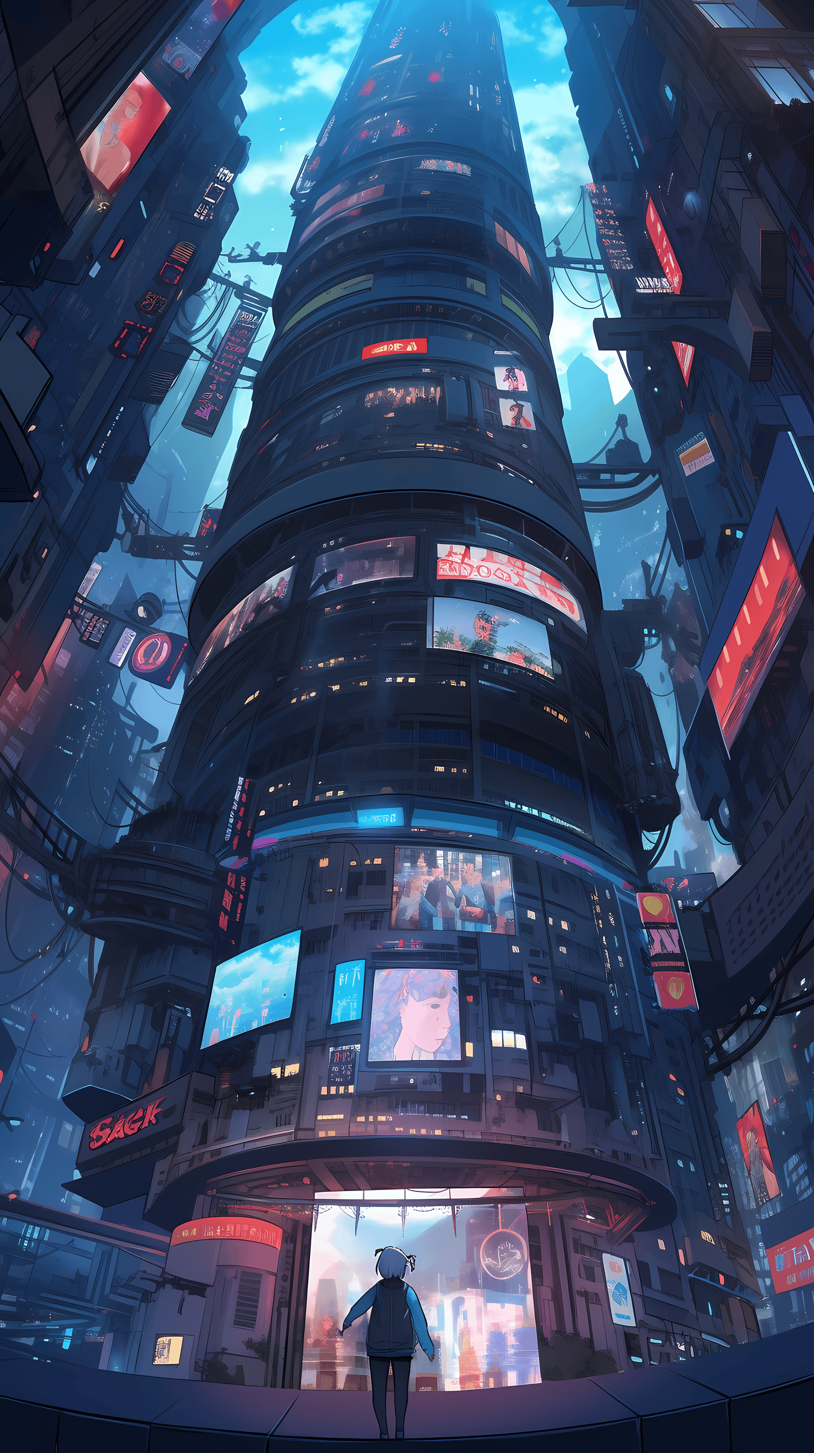 This anime wallpaper captures a futuristic cybernetic maze, showcasing a towering structure adorned with neon lights and digital displays