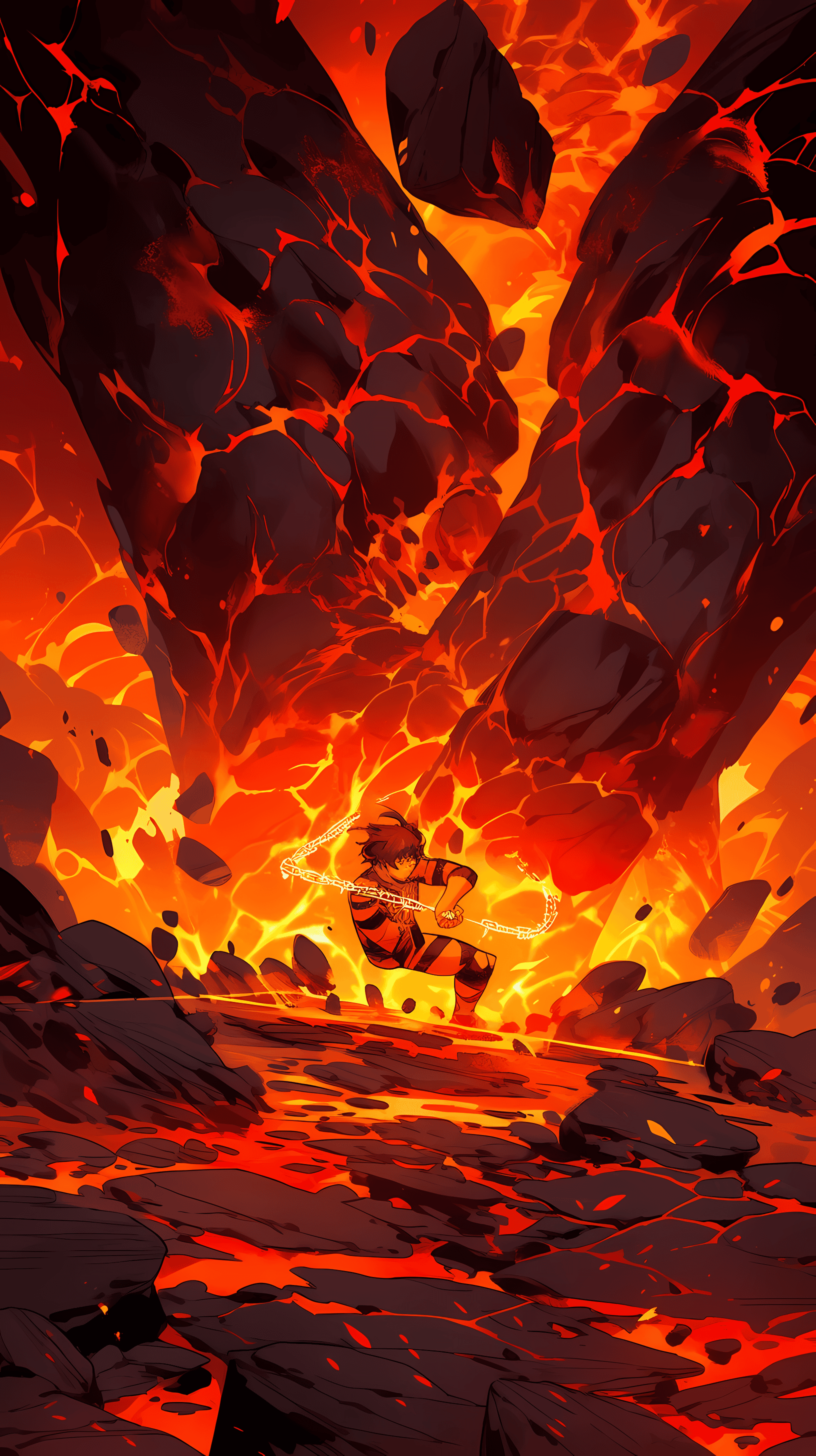 This anime wallpaper captures the intense and dramatic scene of molten lava flowing through a rugged landscape