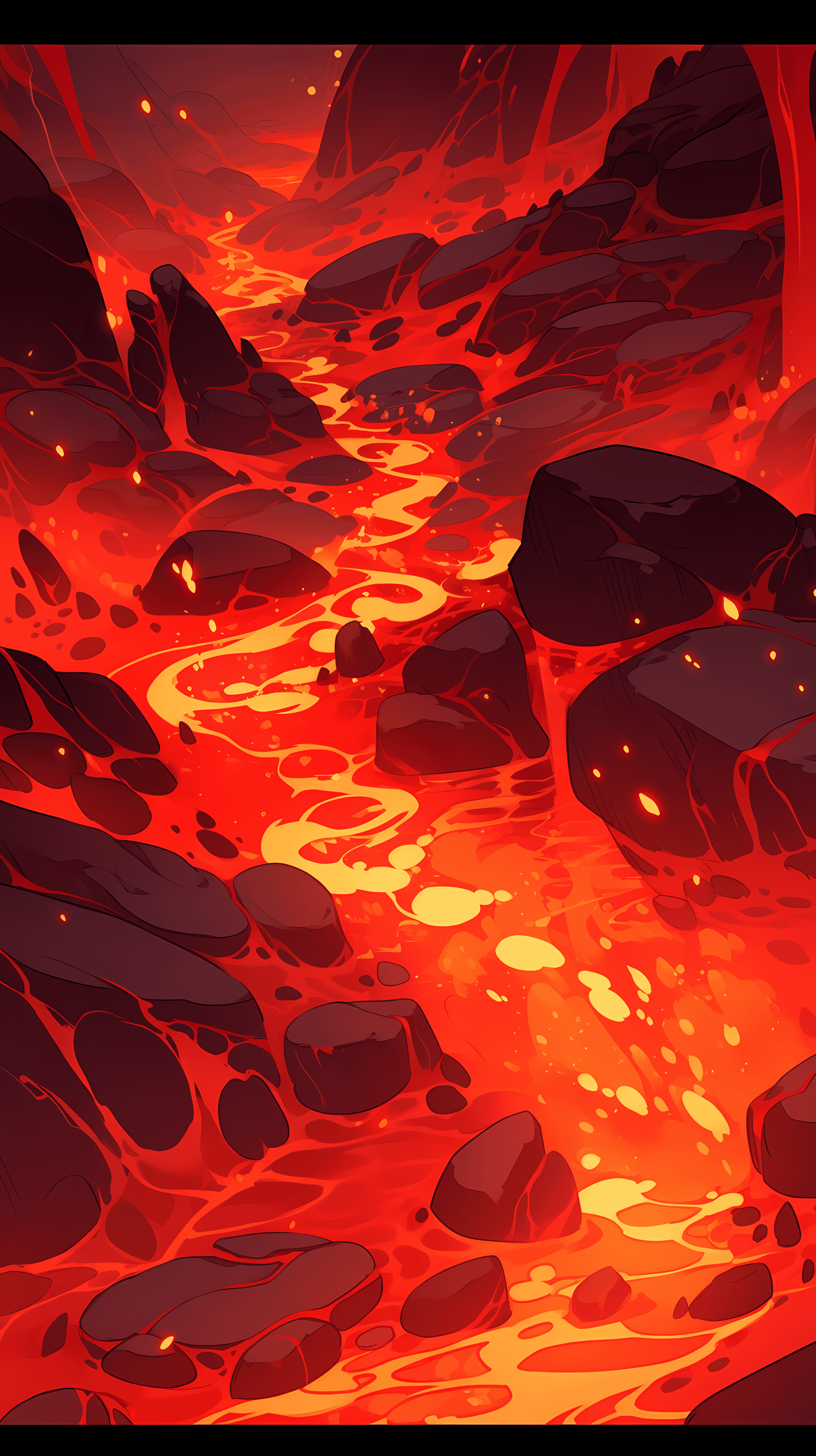 This anime wallpaper captures the intense and dramatic essence of a molten lava landscape