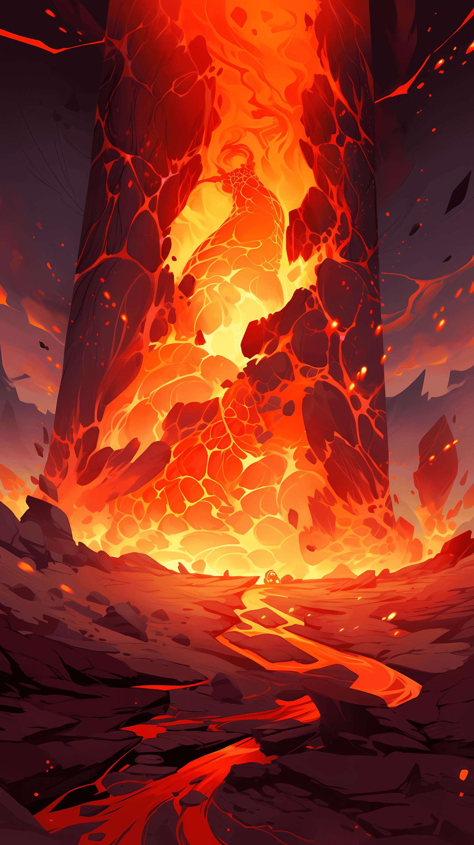 This anime wallpaper captures a breathtaking scene of a fiery lava flow cascading down a rugged terrain