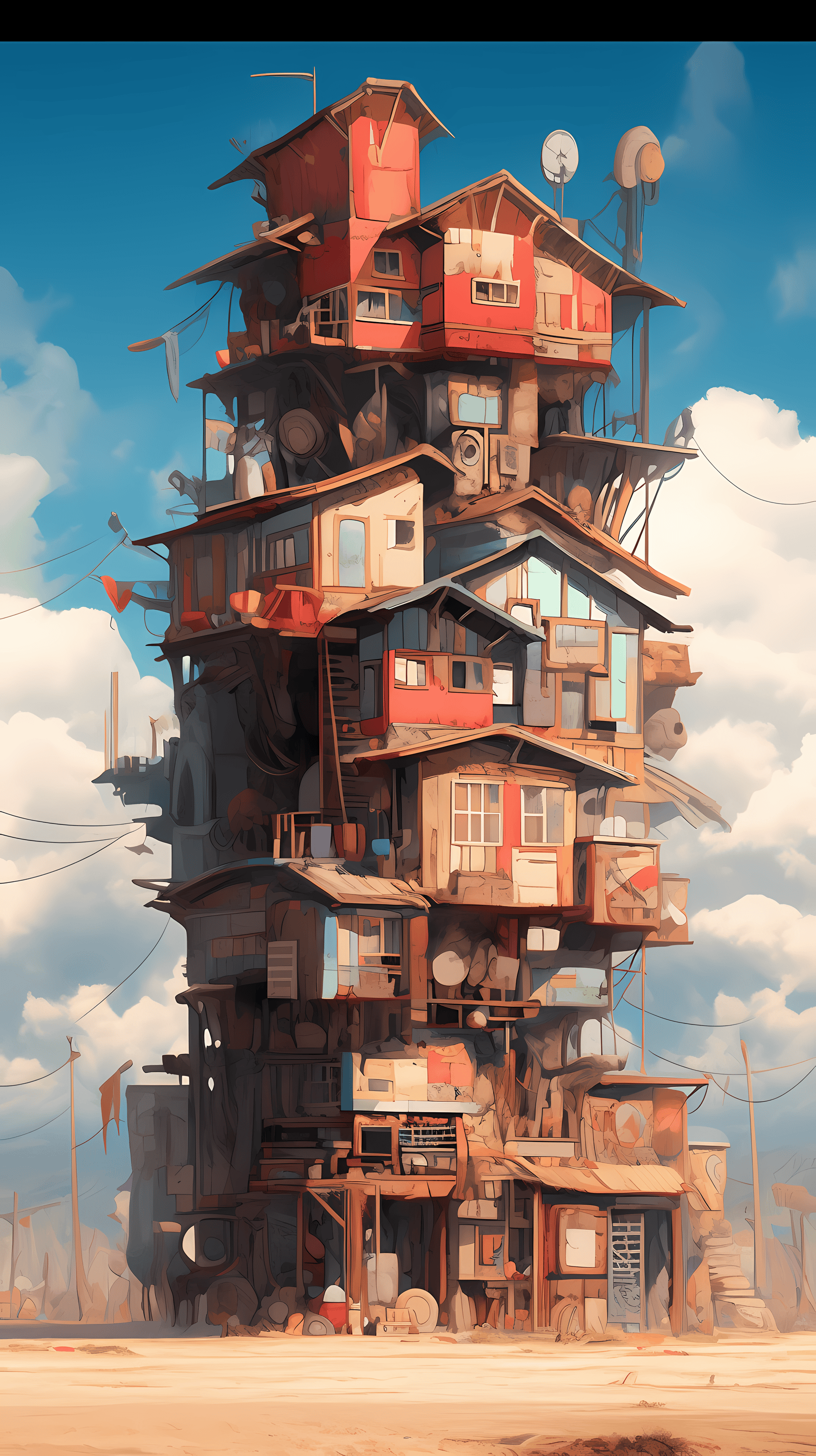 This anime wallpaper depicts a post-apocalyptic scene featuring a towering, dilapidated structure made up of stacked houses