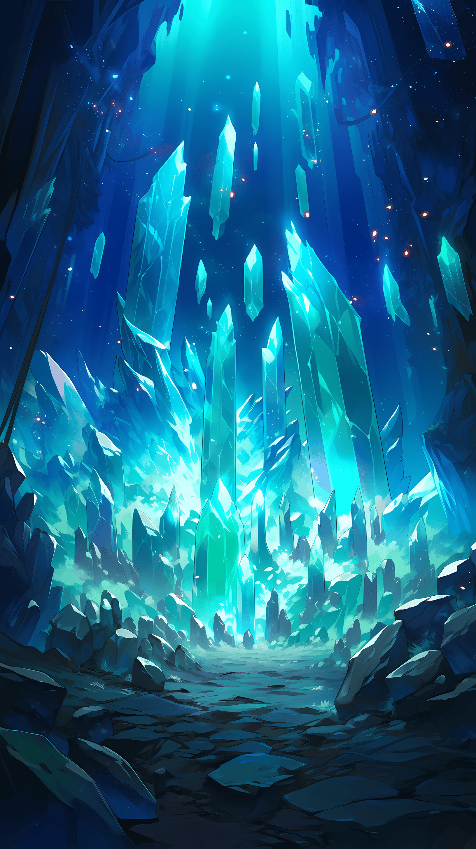This anime wallpaper captures the enchanting beauty of a crystal cavern