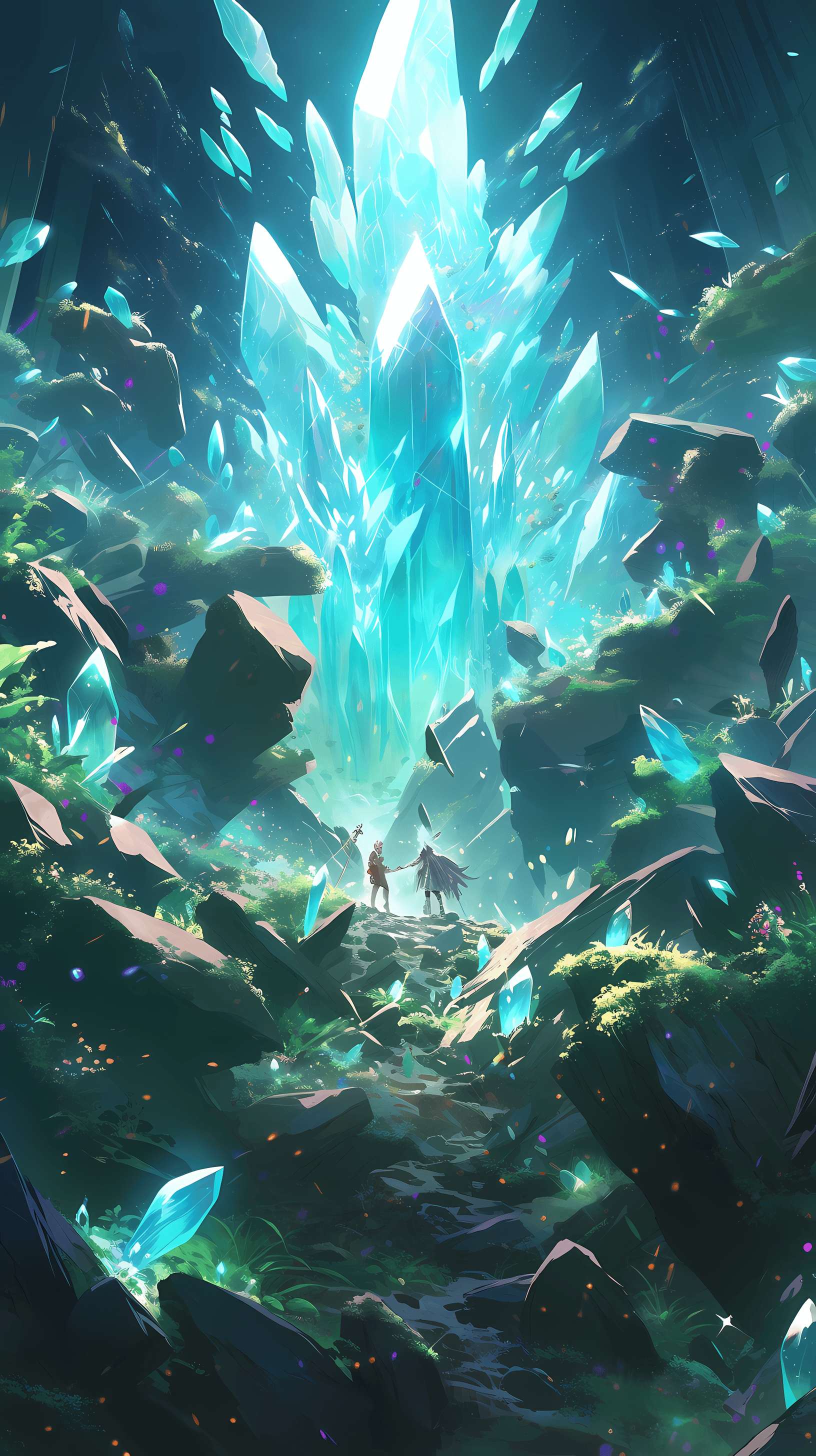 This anime wallpaper captures the breathtaking beauty of a crystal cavern