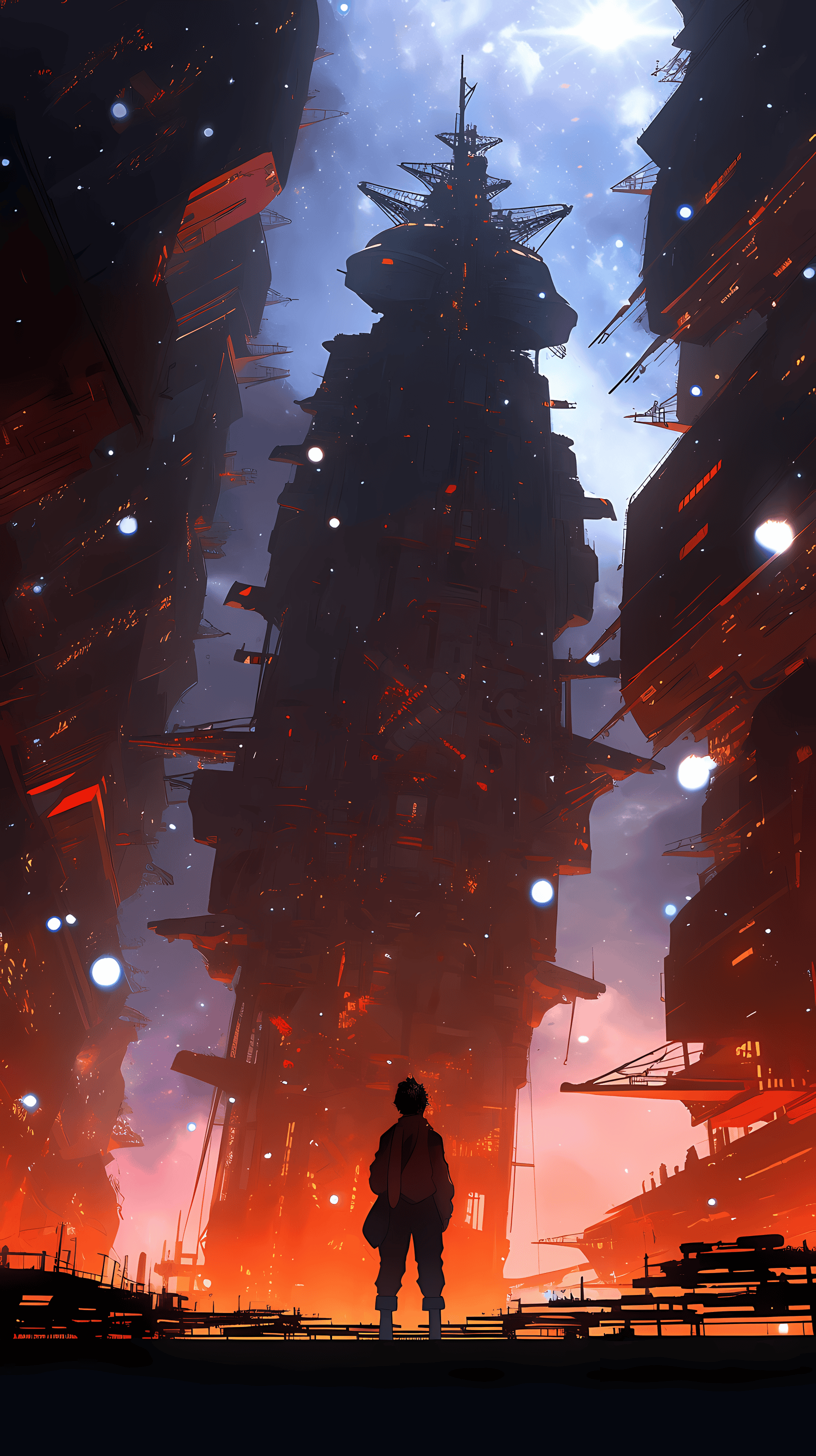 This anime wallpaper captures a lone space cowboy standing against the backdrop of a futuristic, industrial cityscape