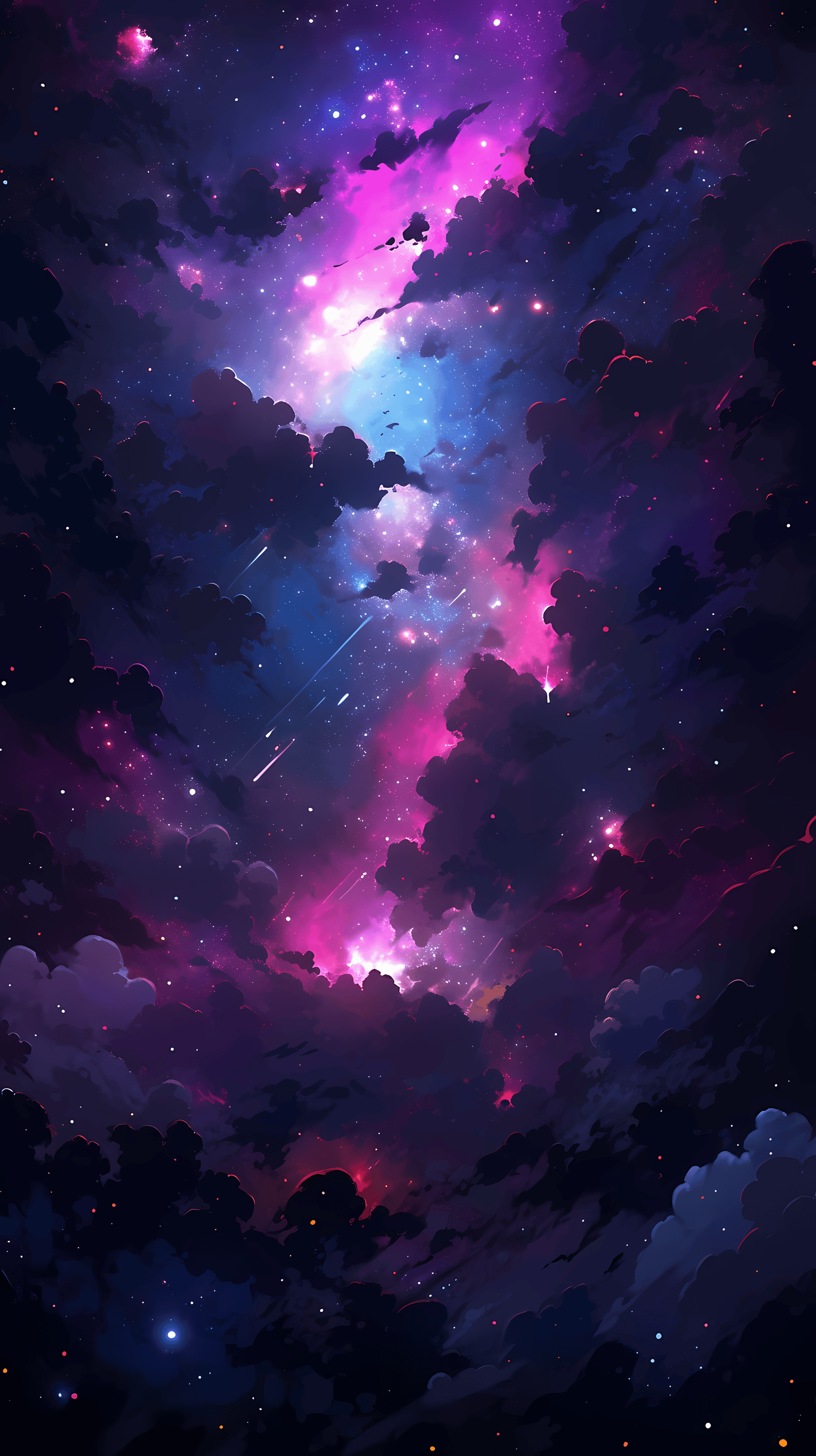 This anime wallpaper showcases a breathtaking cosmic scene with vibrant colors and dynamic elements
