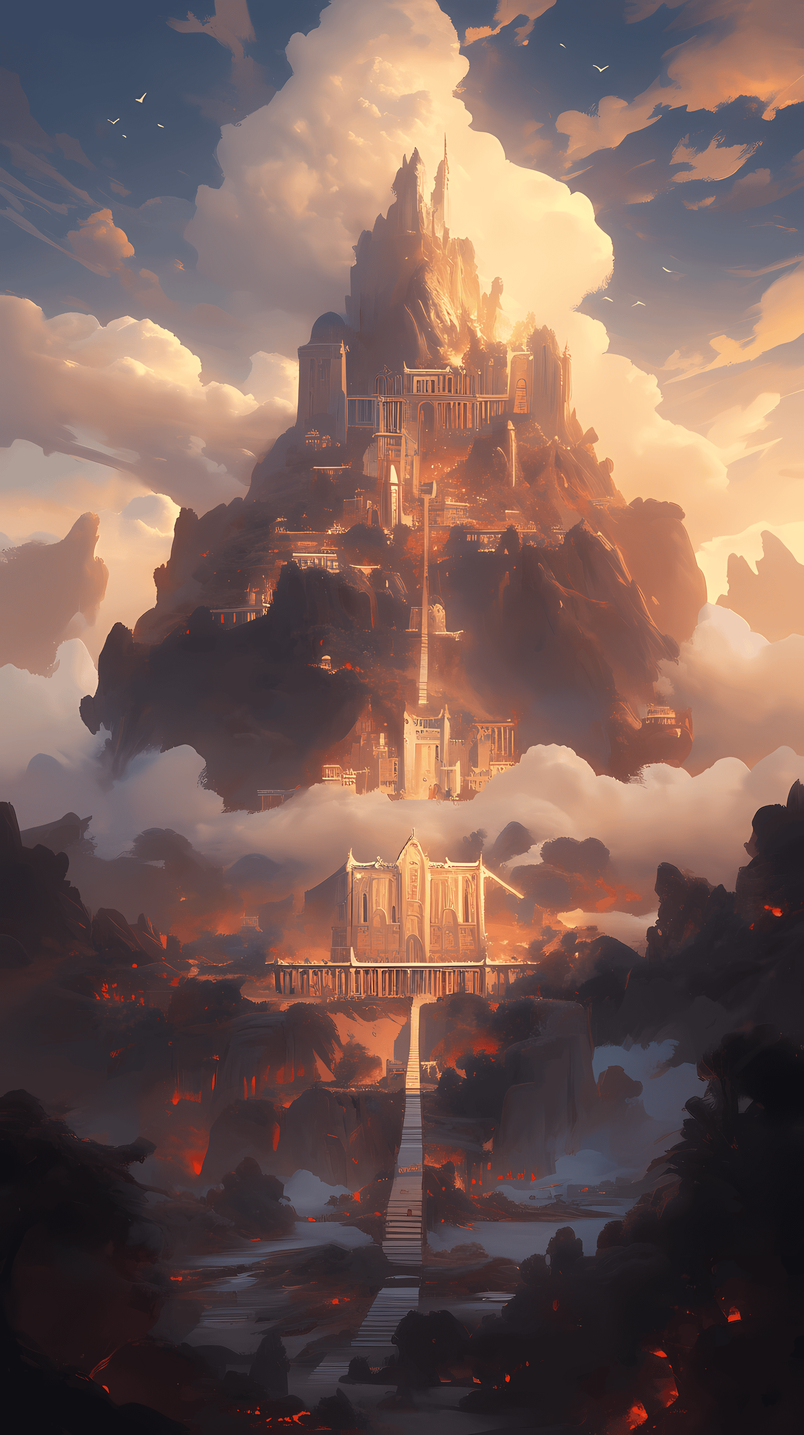 This anime wallpaper showcases a breathtaking fantasy landscape featuring a grand, towering castle perched atop a rocky peak