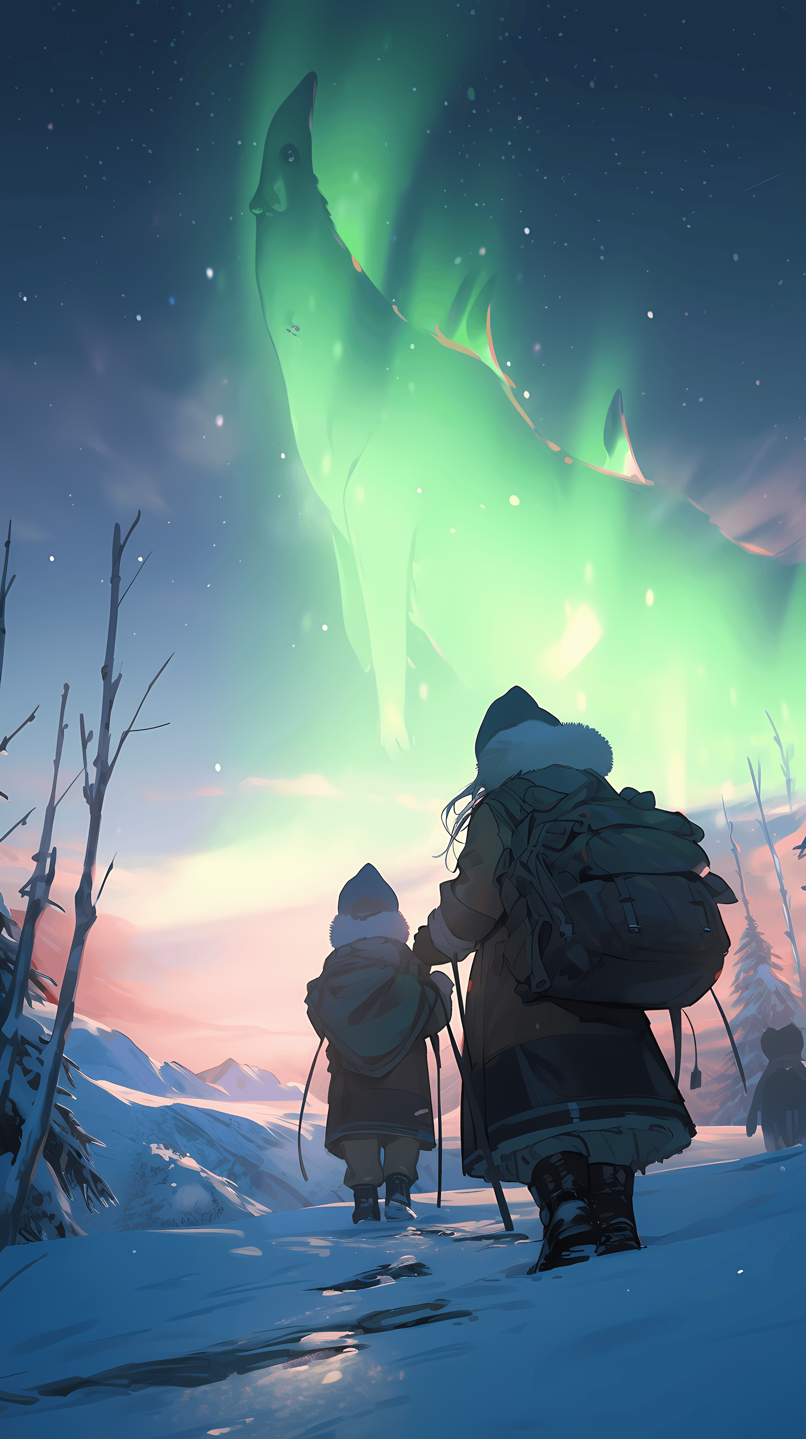 This enchanting anime wallpaper captures the essence of a winter adventure under the mesmerizing Northern Lights