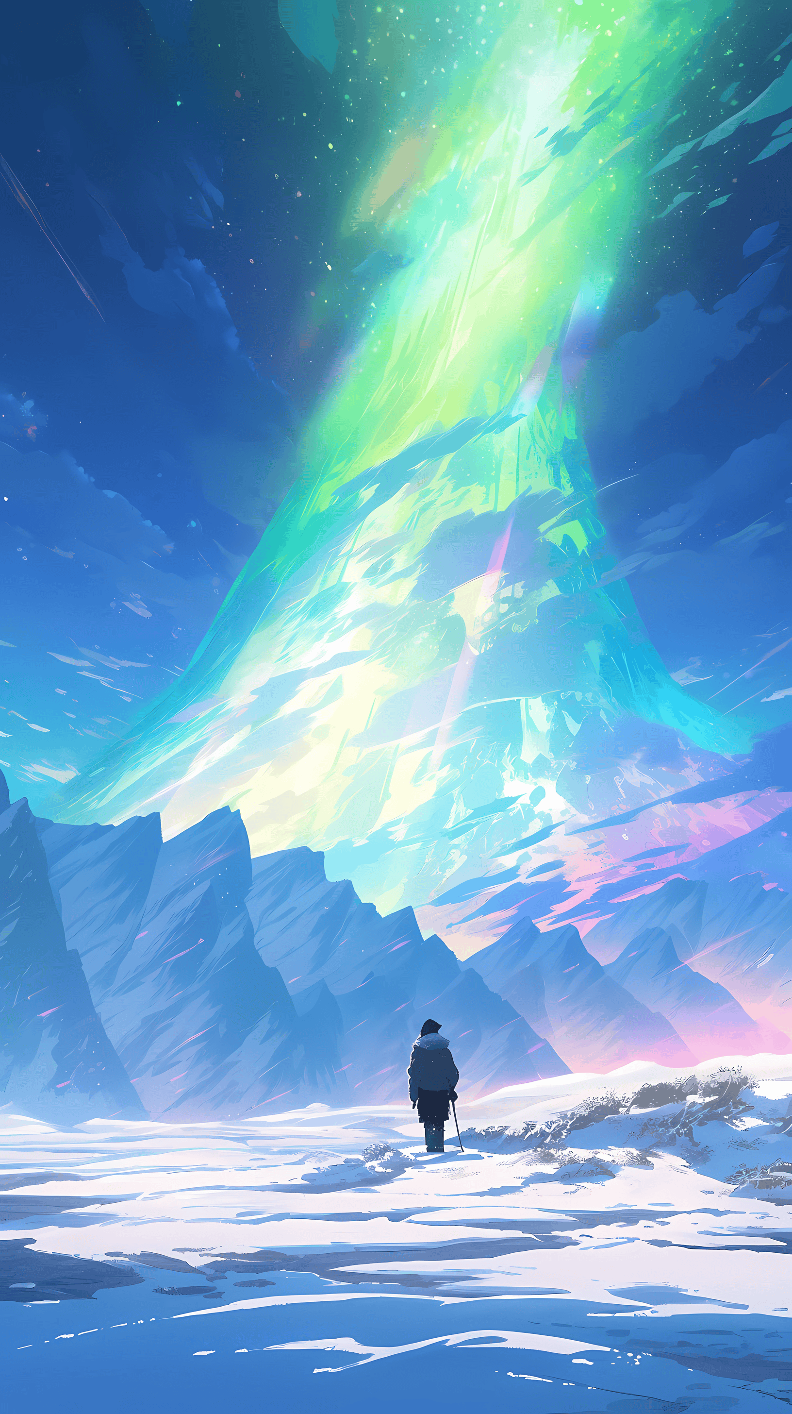 This anime wallpaper captures a breathtaking scene of a lone figure standing under the mesmerizing Northern Lights