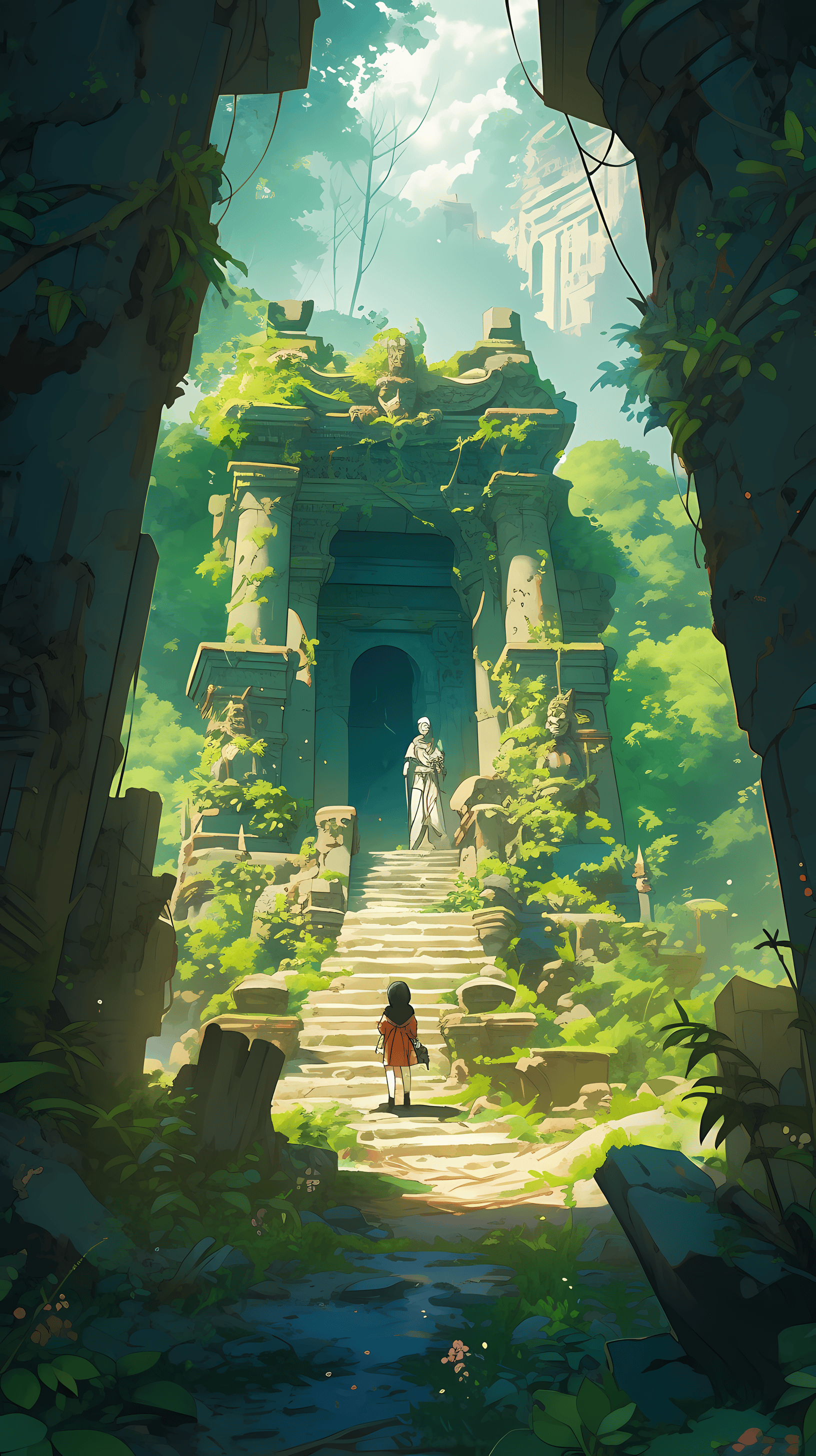 This anime wallpaper captures a mystical and enchanting scene set in a dense jungle
