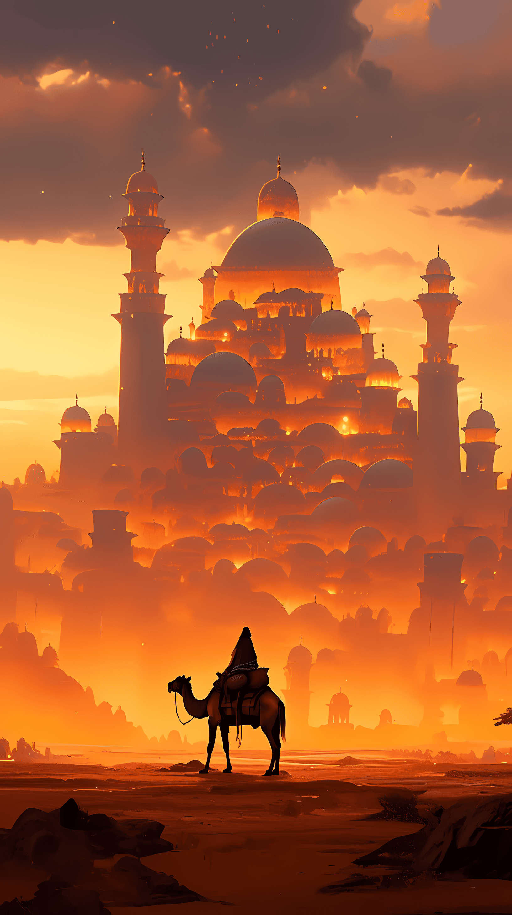 This anime wallpaper captures the enchanting beauty of a mystical Arabian desert at sunset