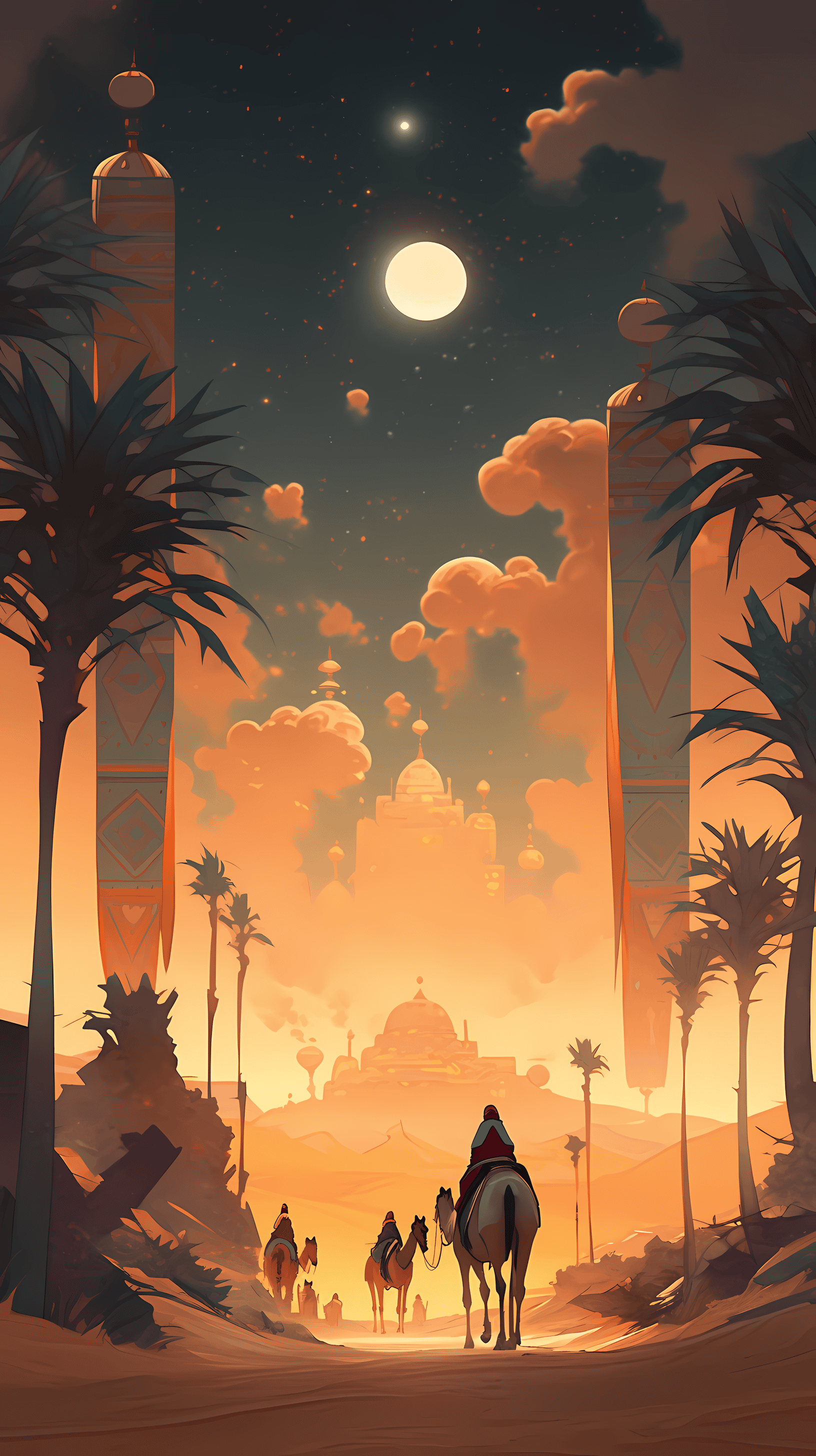 This enchanting anime wallpaper captures a mystical desert scene under a full moon