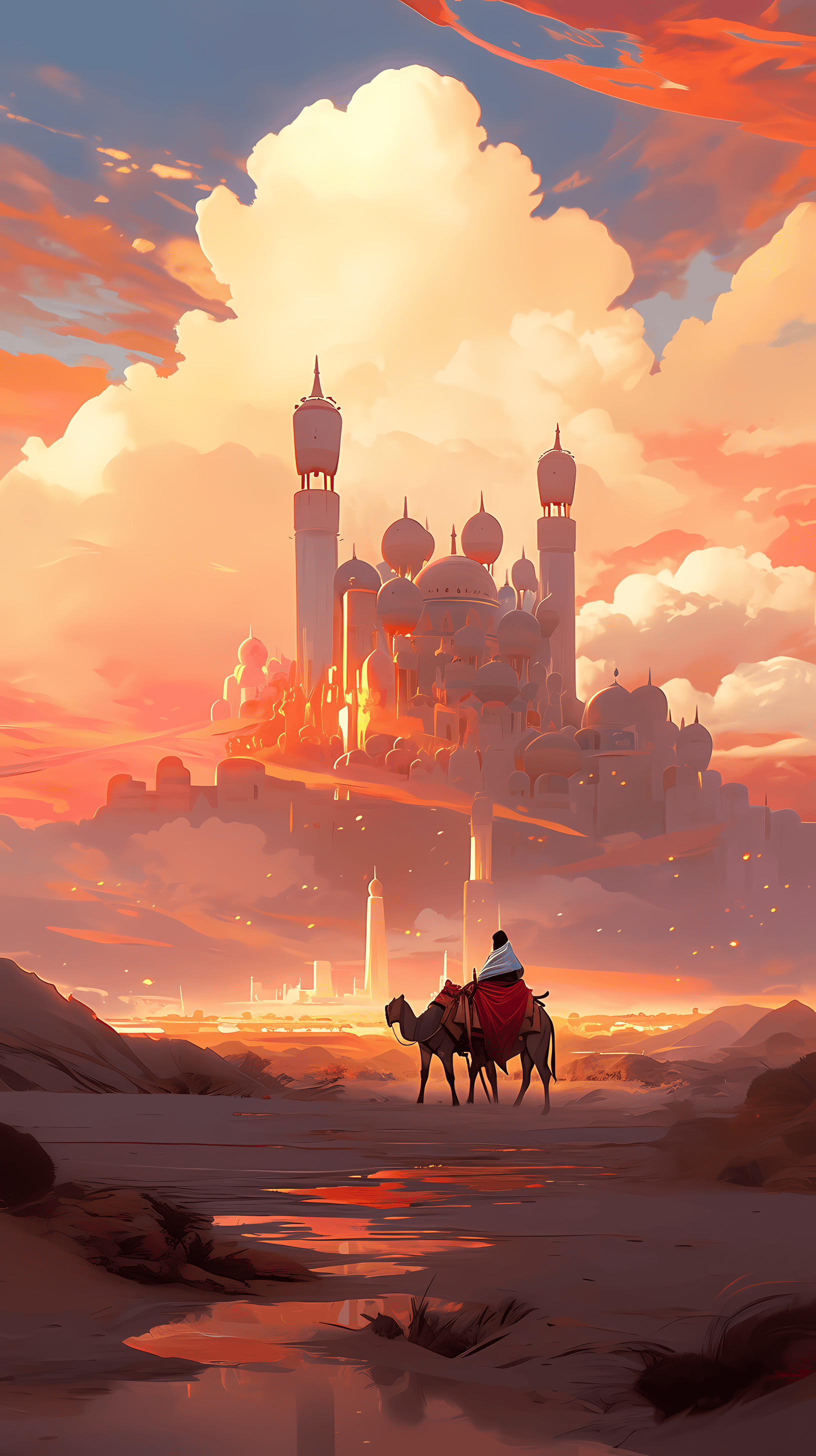 This enchanting anime wallpaper captures a mystical desert landscape at sunset