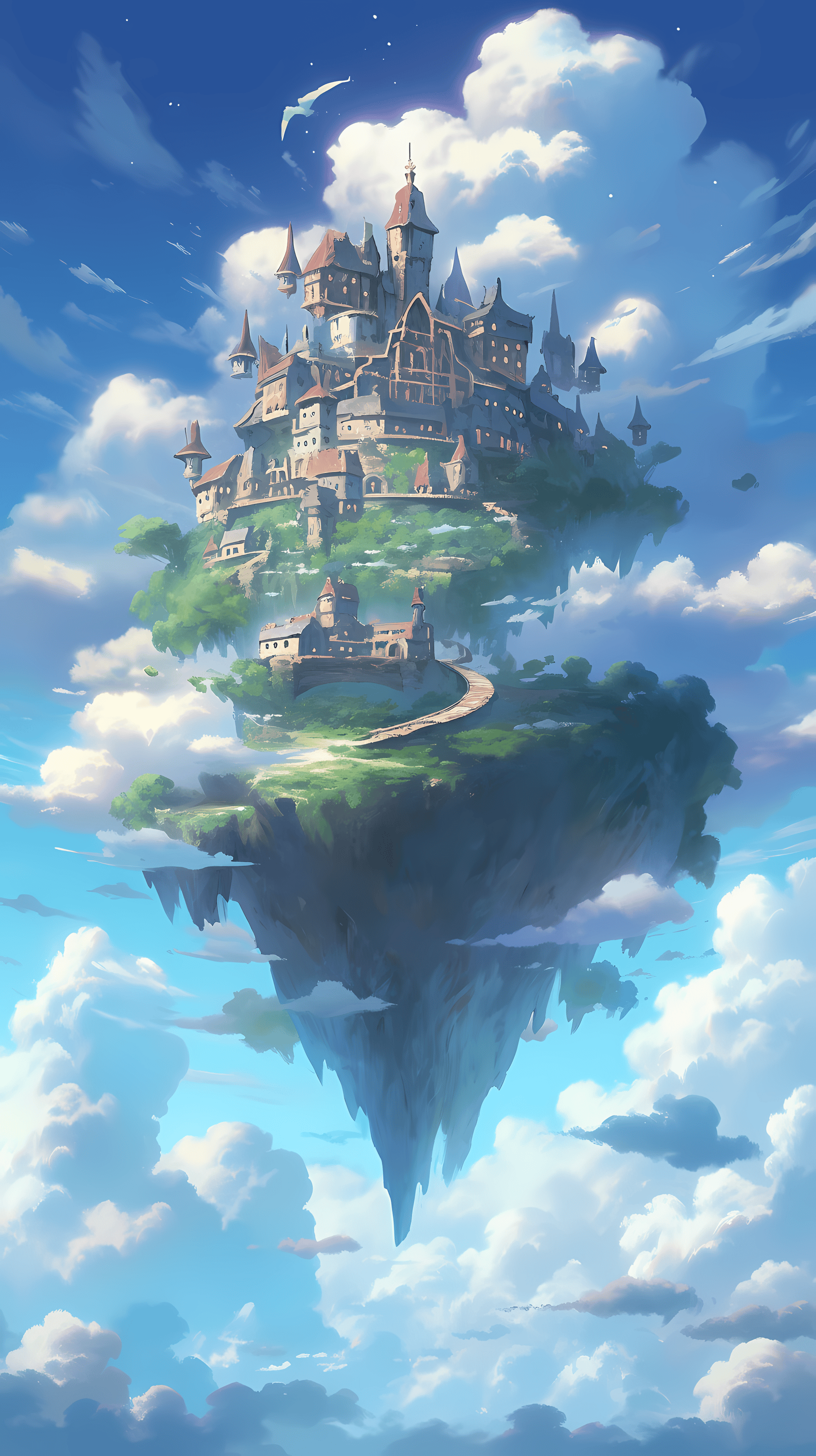 This enchanting anime wallpaper showcases a majestic castle floating serenely among the clouds