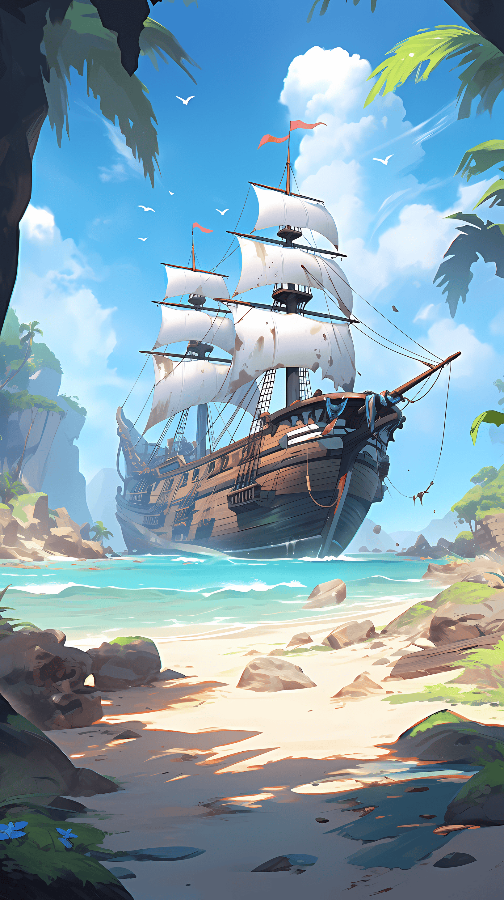 This anime wallpaper captures a breathtaking scene of a majestic pirate ship sailing towards a mysterious island