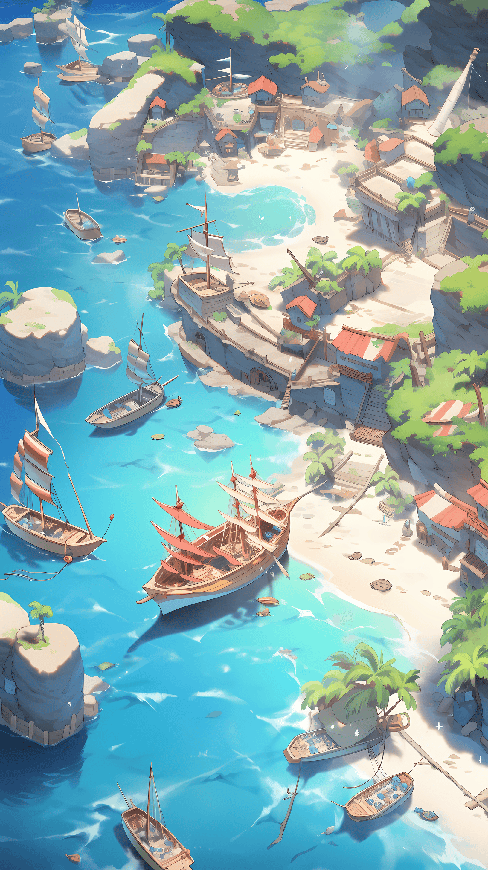 This anime wallpaper captures a vibrant and adventurous scene of a pirate's haven