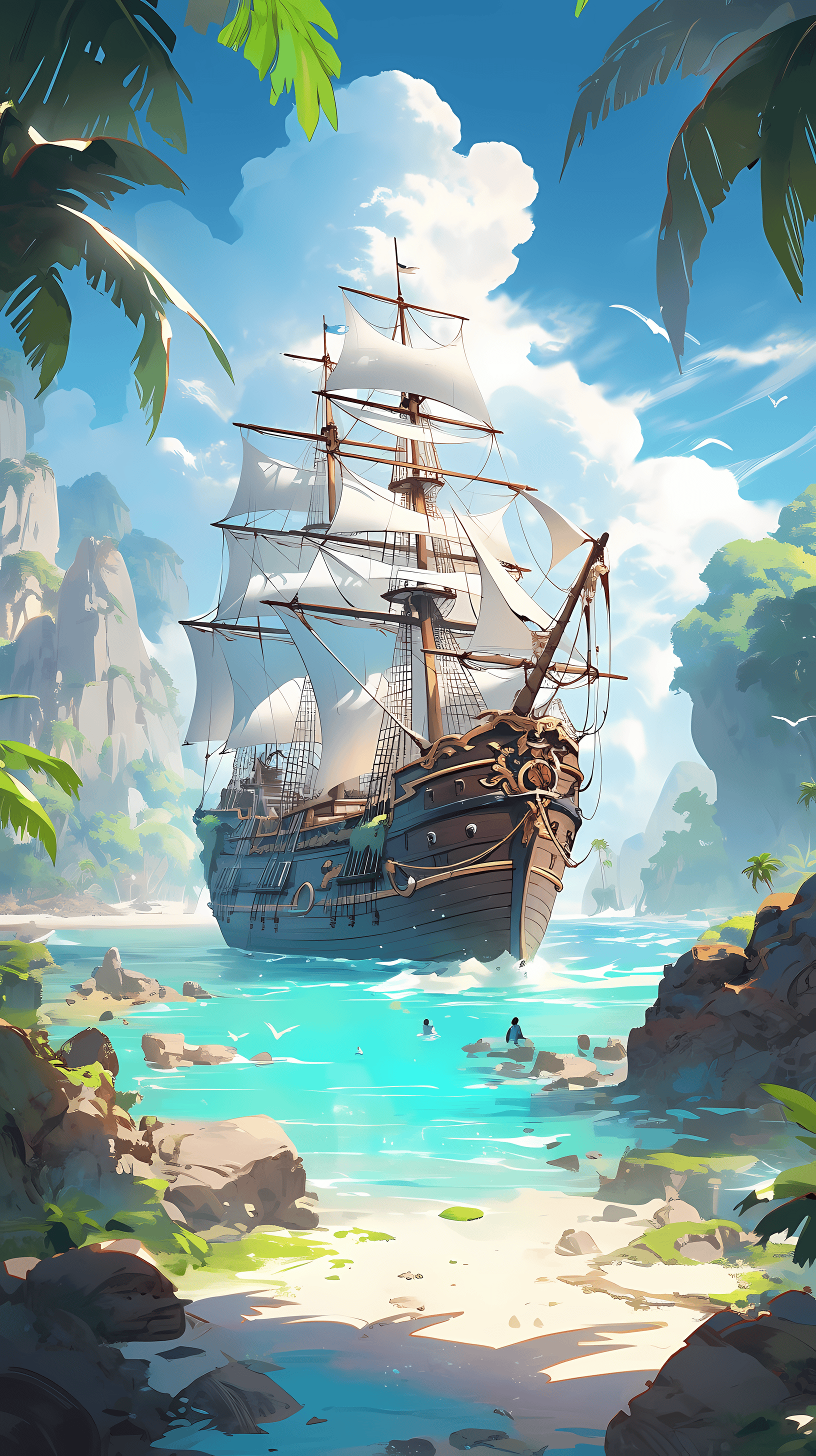 This anime wallpaper captures a thrilling scene of a pirate ship sailing towards a mysterious island