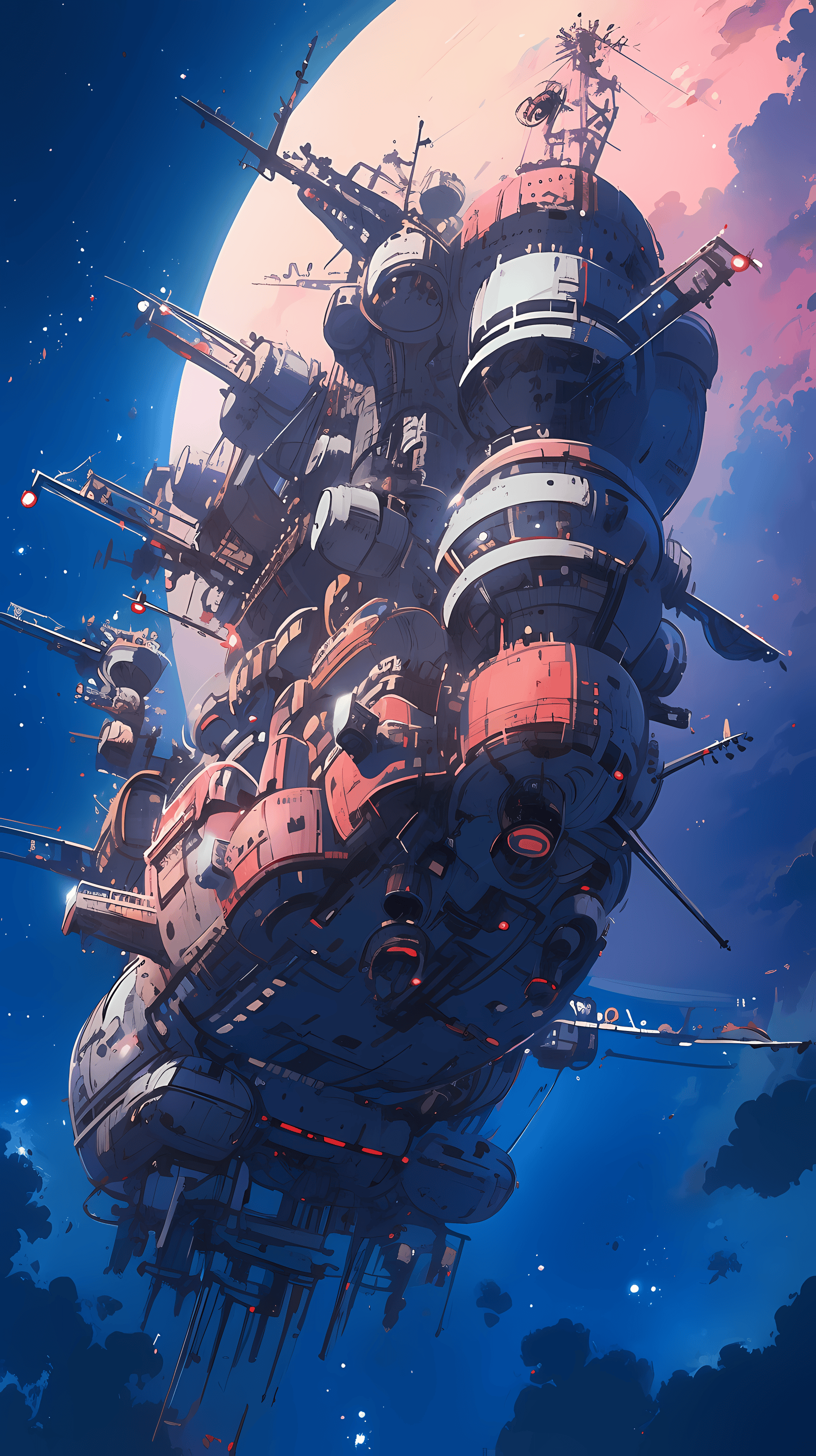 This anime wallpaper features a futuristic, multi-leveled spaceship soaring through a vast, star-studded sky